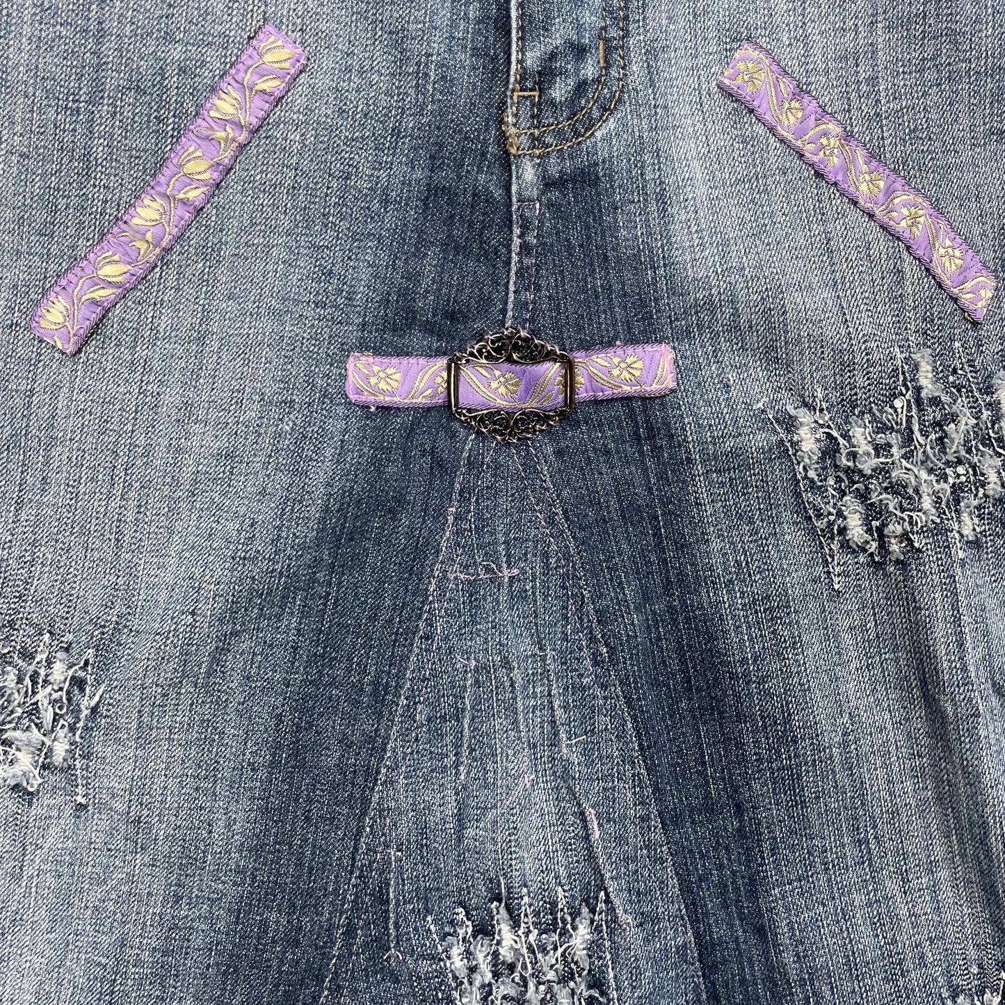 Y2K Pink Jeans Distressed Denim Skirt with Purple Ribbon Detail - UK 10