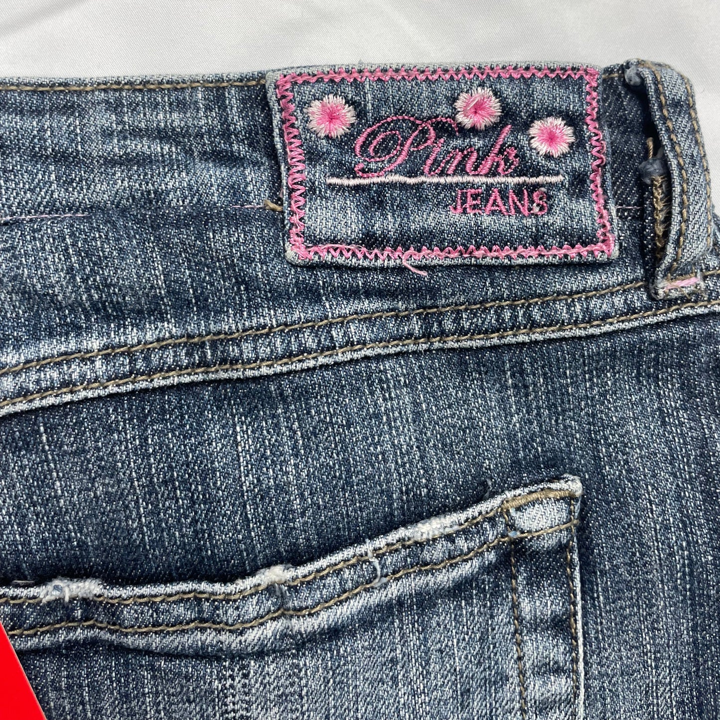Y2K Pink Jeans Distressed Denim Skirt with Purple Ribbon Detail - UK 10