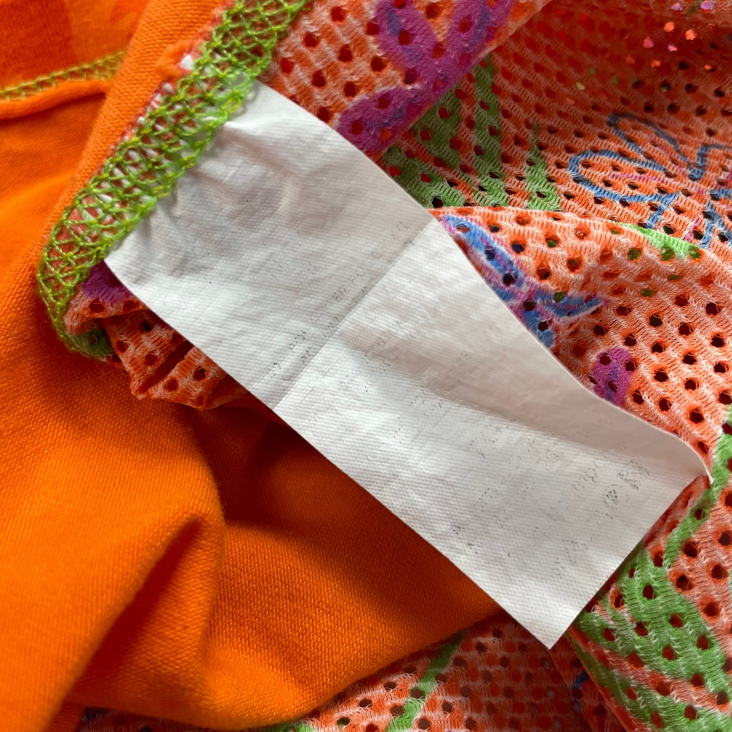 Y2K Orange Mesh Halter Top - Floral Overlay, Neon Stitching (6-8)