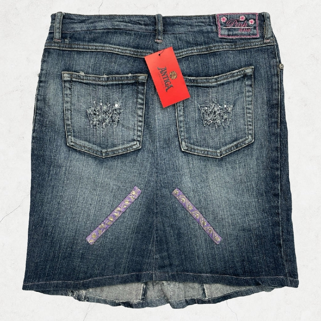 Y2K Pink Jeans Distressed Denim Skirt with Purple Ribbon Detail - UK 10