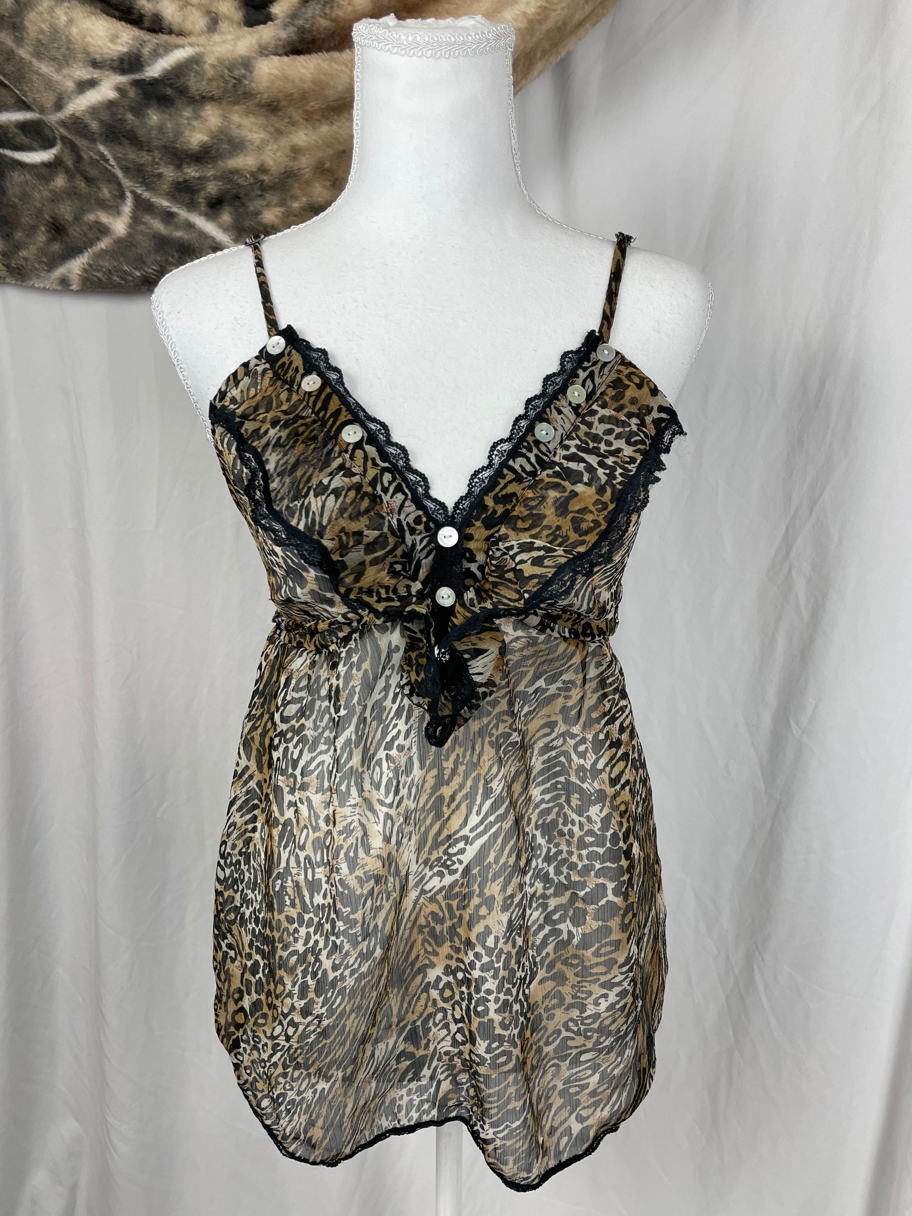 Vintage Y2K Day Trip Leopard Print Sheer Cami with Lace Trim | Best Fit UK 8