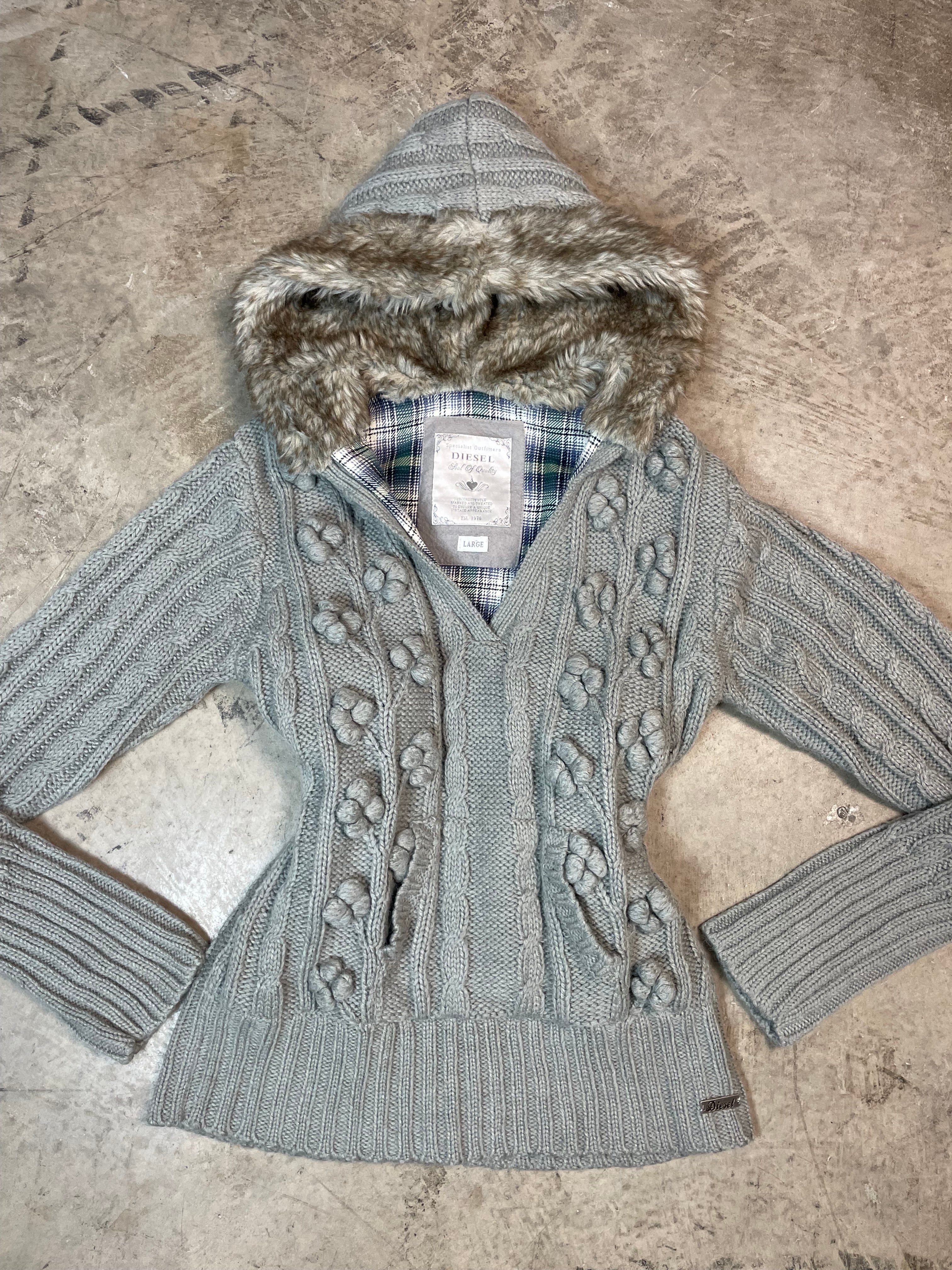 Vintage Y2K Diesel Cable Knit Hooded Jumper with Faux Fur | UK 10–12