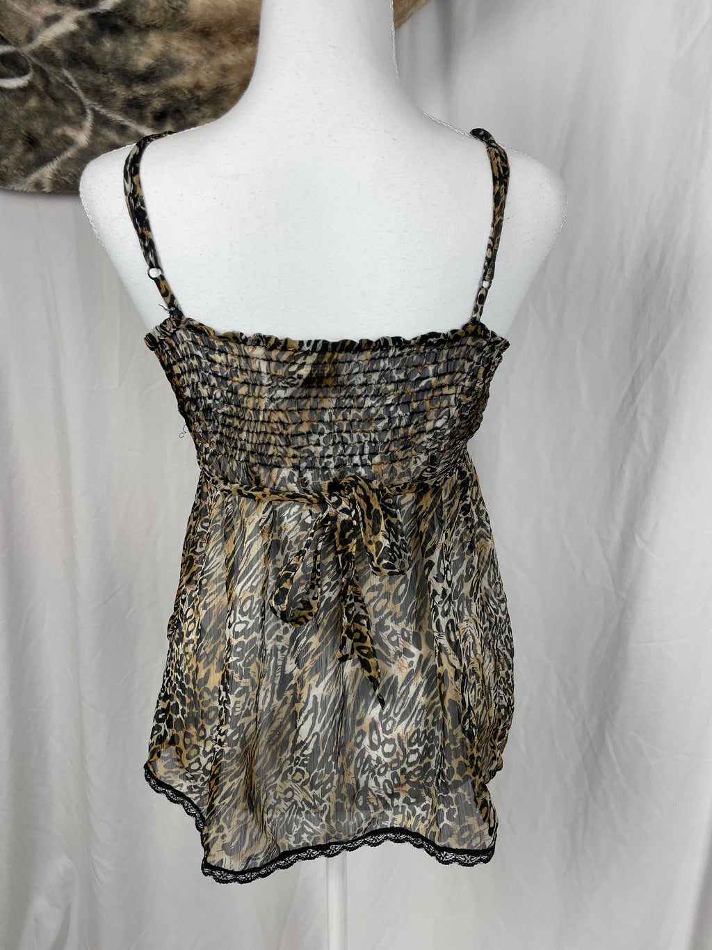 Vintage Y2K Day Trip Leopard Print Sheer Cami with Lace Trim | Best Fit UK 8