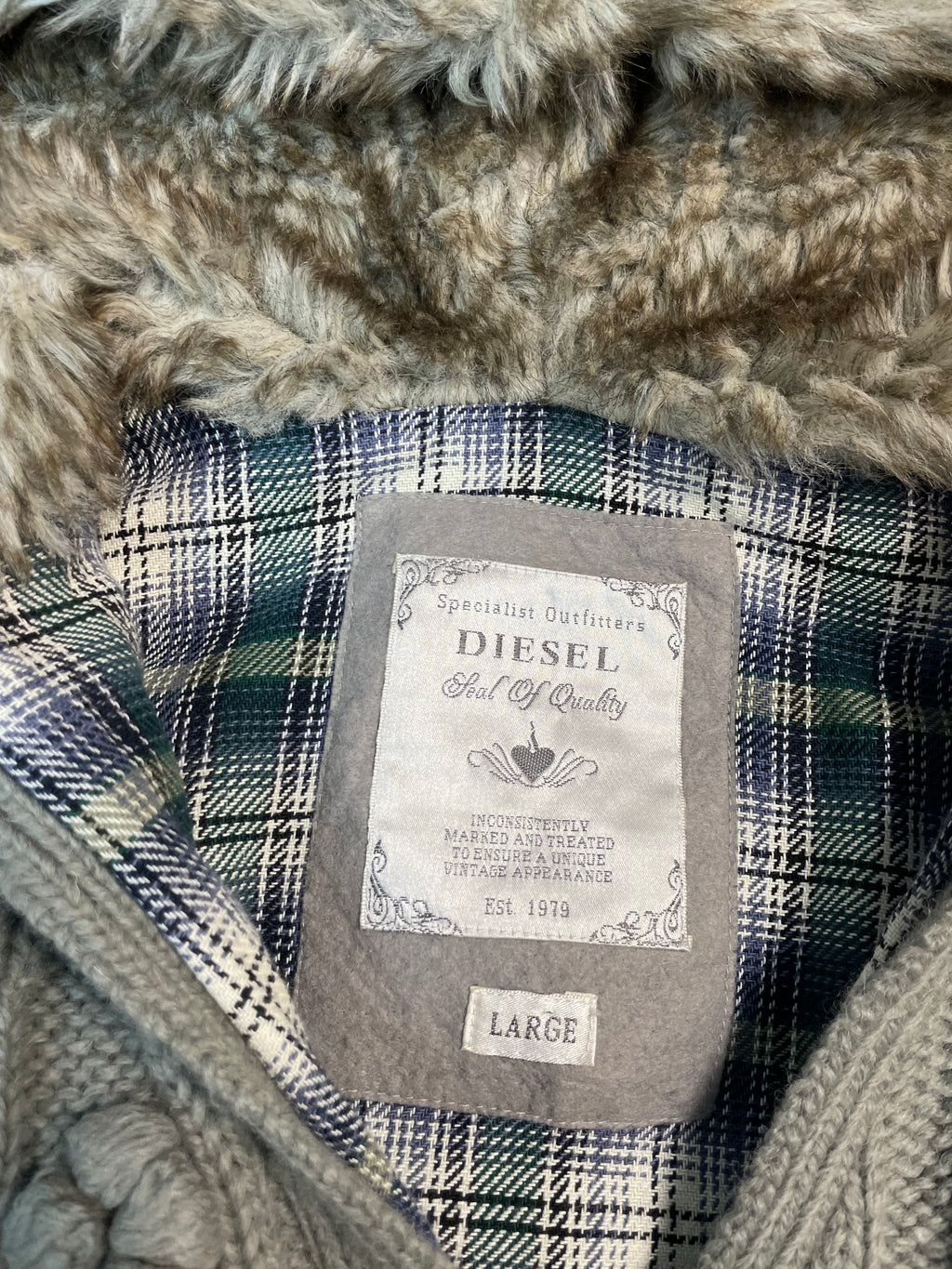 Vintage Y2K Diesel Cable Knit Hooded Jumper with Faux Fur | UK 10–12