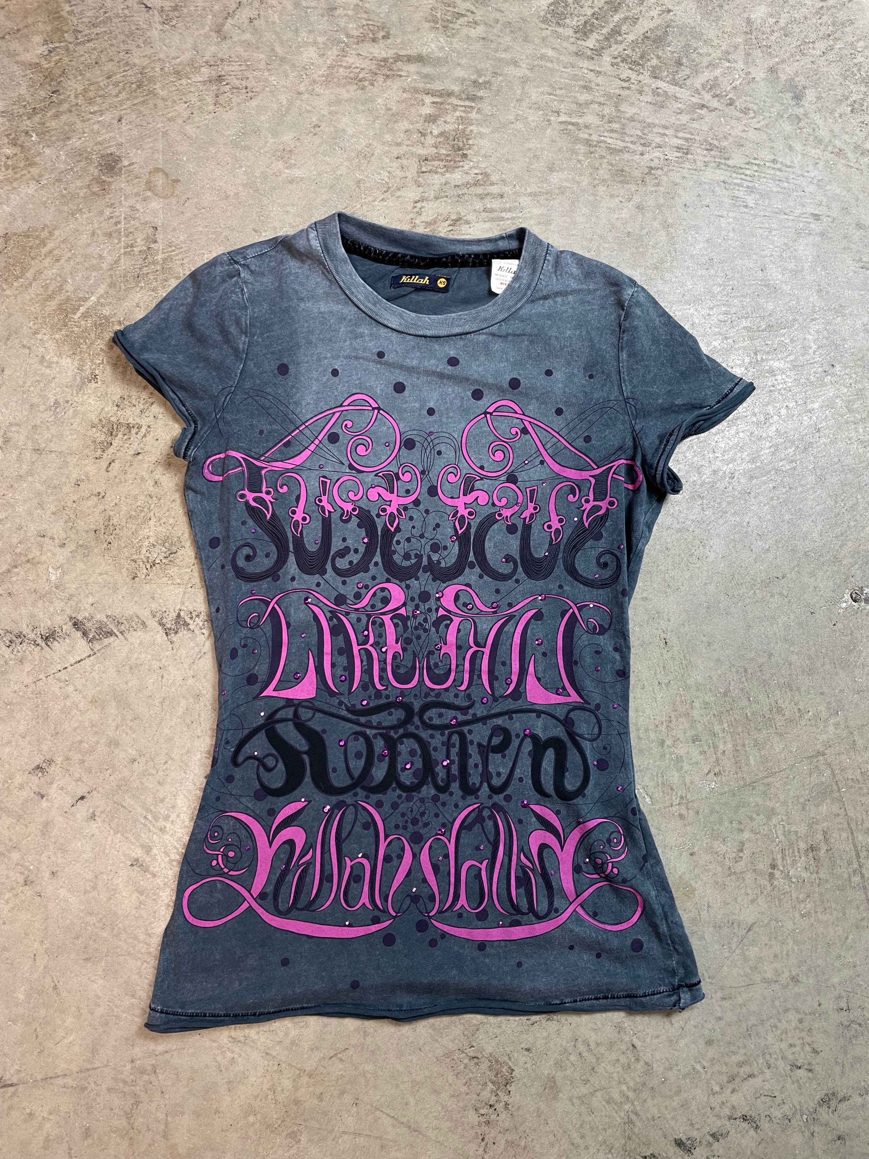 Vintage Y2K Killah Graphic Baby Tee with Pink Print | Best Fit UK 6