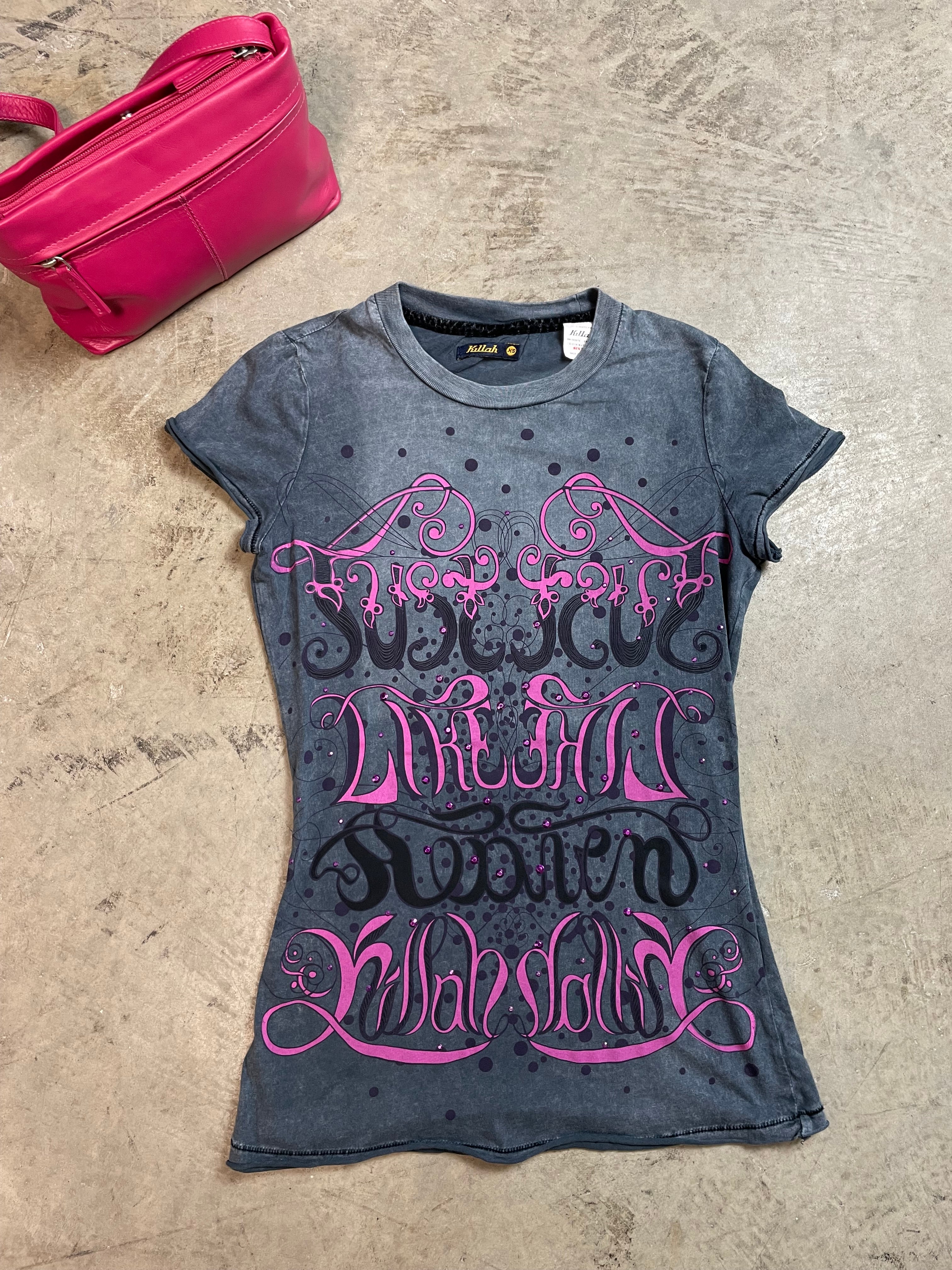 Vintage Y2K Killah Graphic Baby Tee with Pink Print | Best Fit UK 6