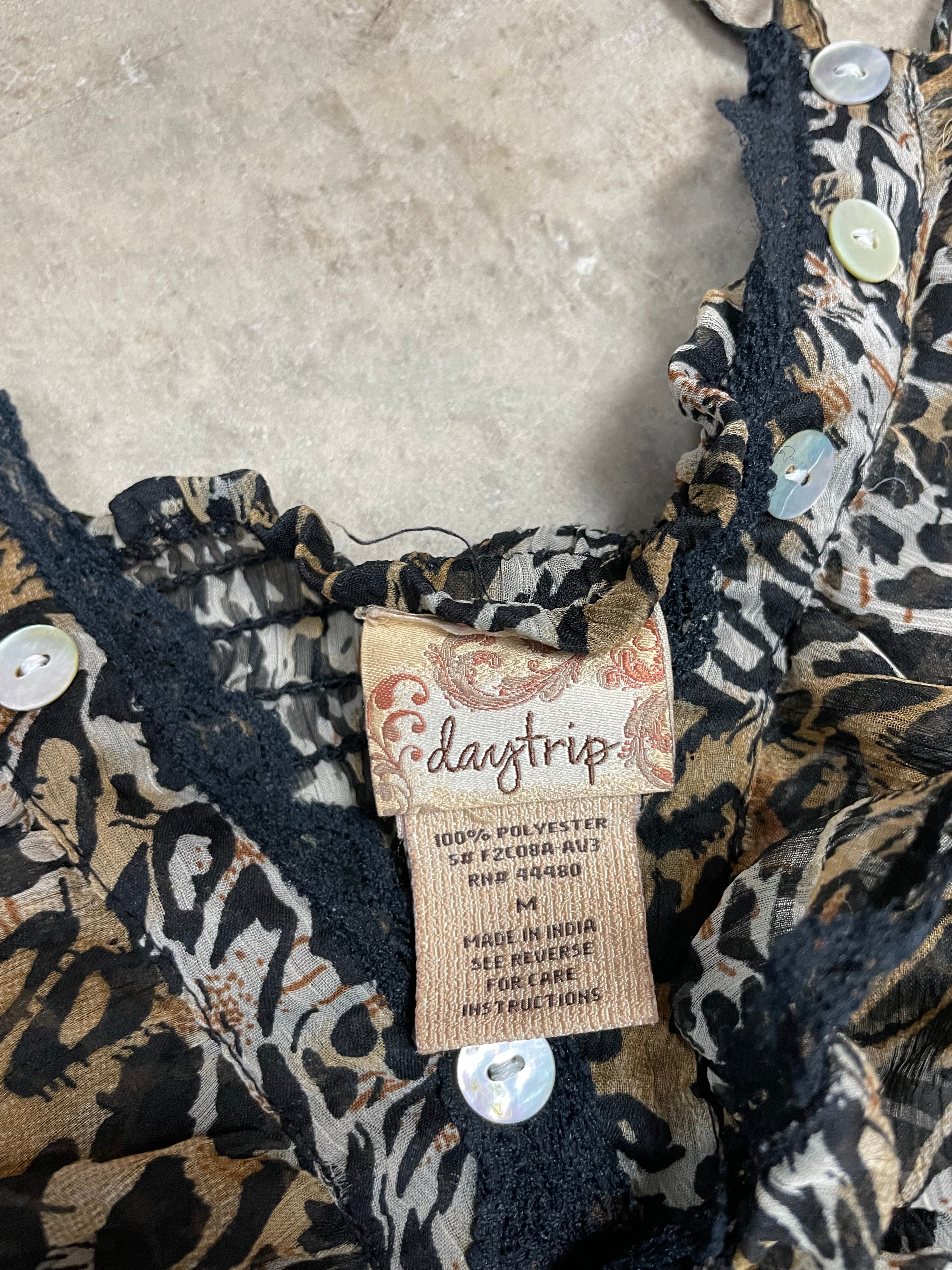 Vintage Y2K Day Trip Leopard Print Sheer Cami with Lace Trim | Best Fit UK 8