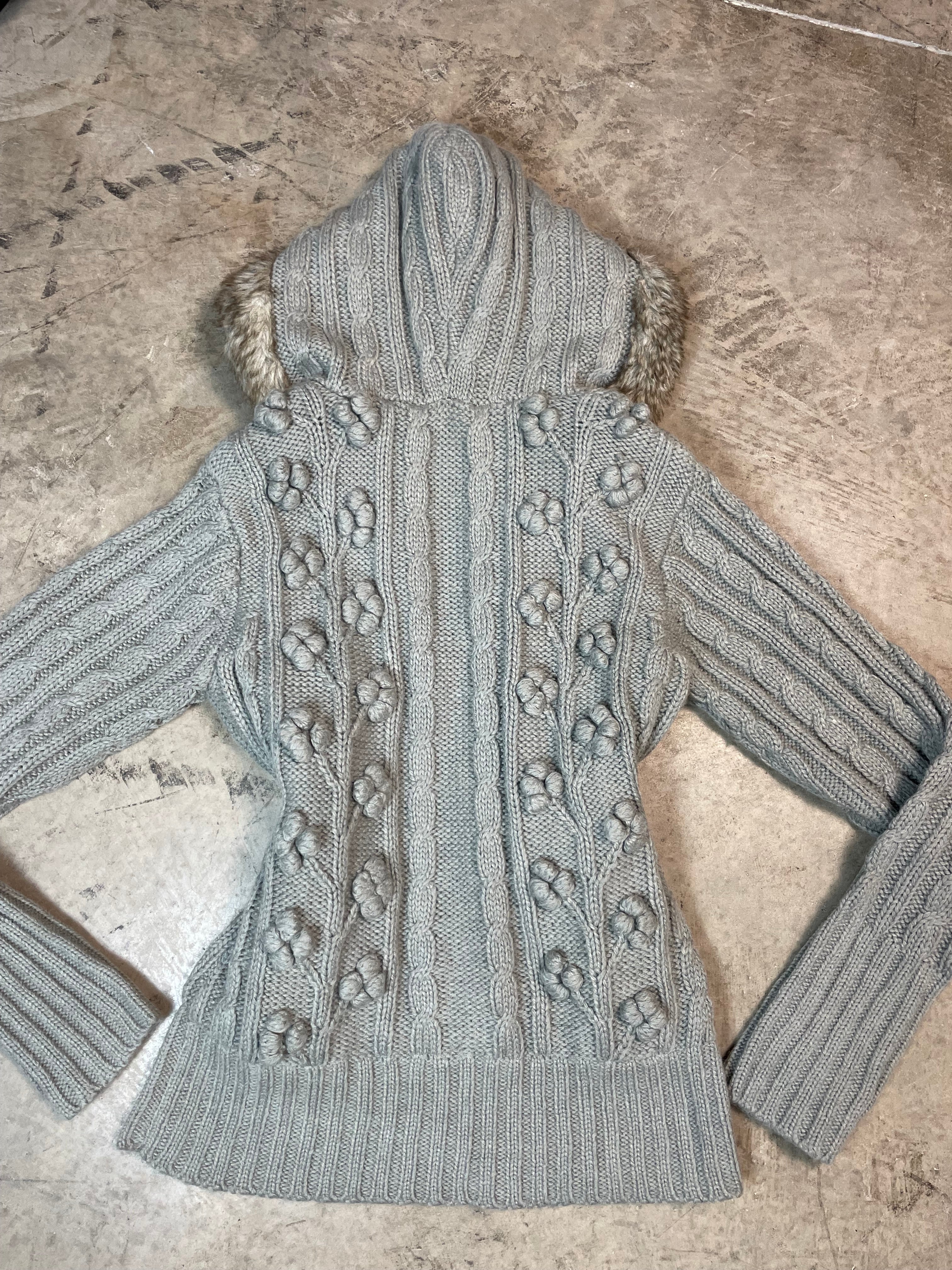 Vintage Y2K Diesel Cable Knit Hooded Jumper with Faux Fur | UK 10–12