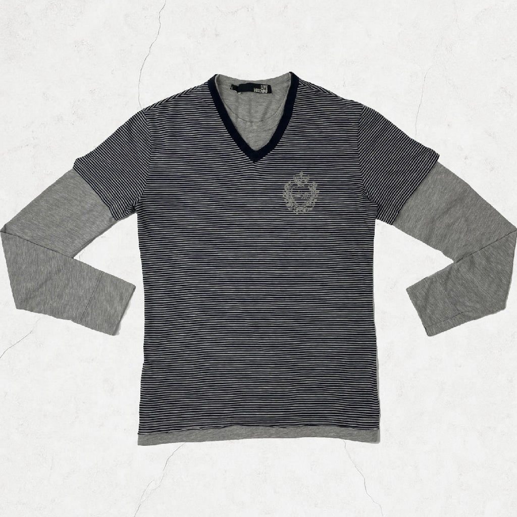 Love Moschino Unisex Layered Stripe Long Sleeve Tee – Grey & Navy