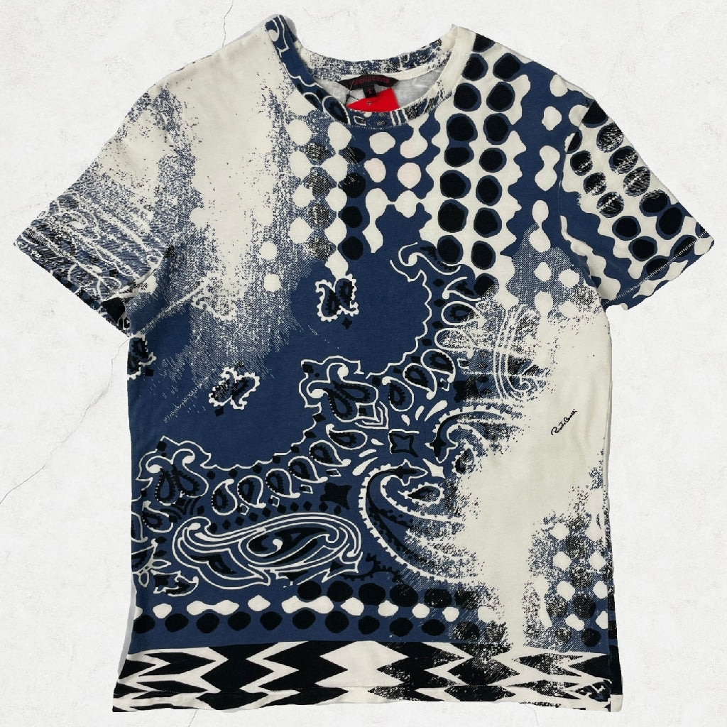 Roberto Cavalli Abstract Cream & Blue Silk-Blend Tee