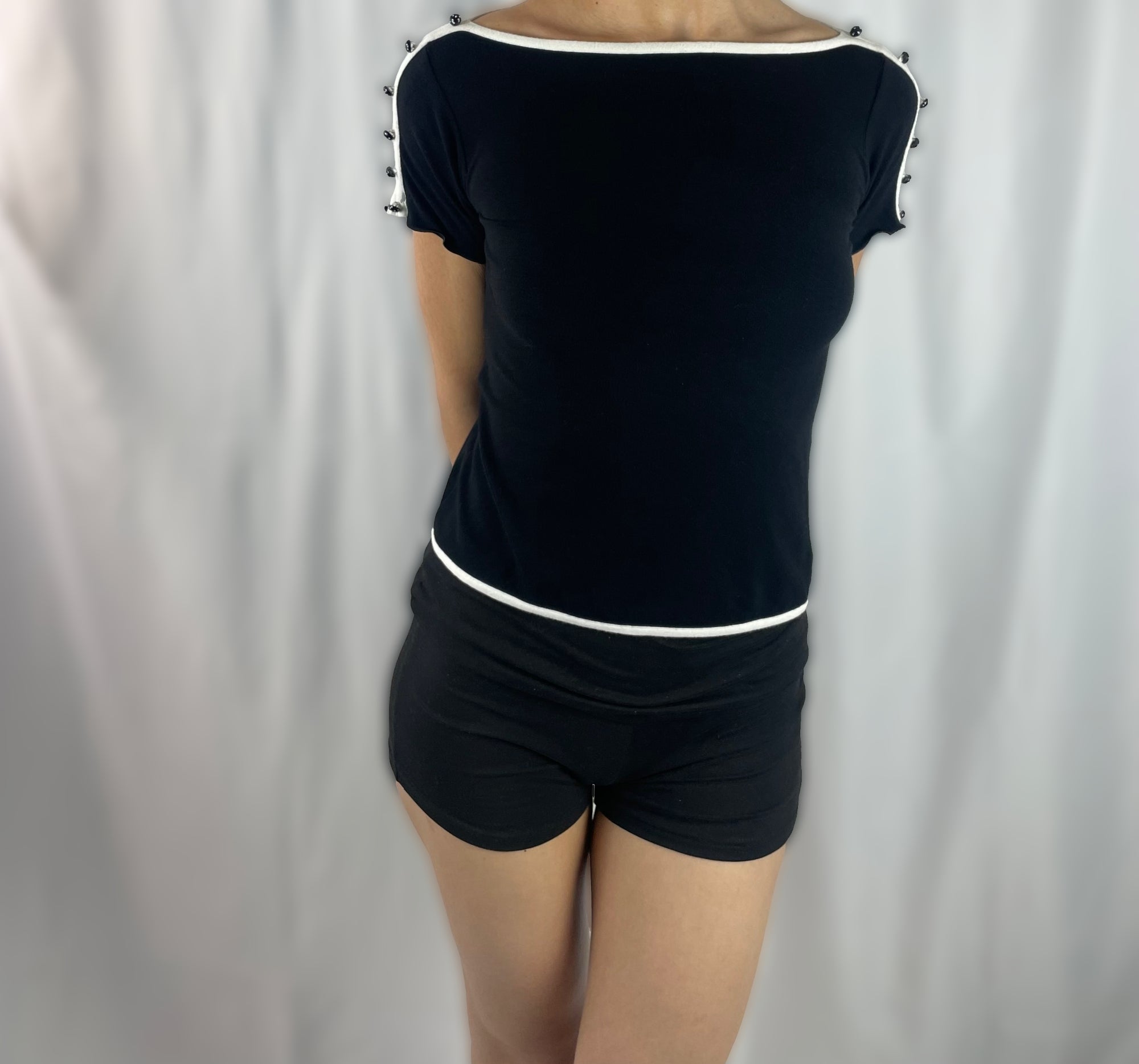 Vintage Emporio Armani Black & White Trim Top with Shoulder Stud Detail