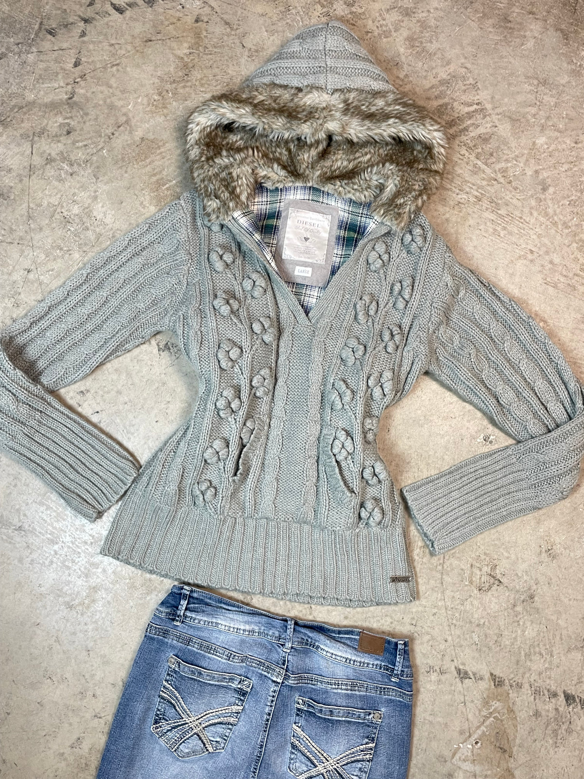 Vintage Y2K Diesel Cable Knit Hooded Jumper with Faux Fur | UK 10 