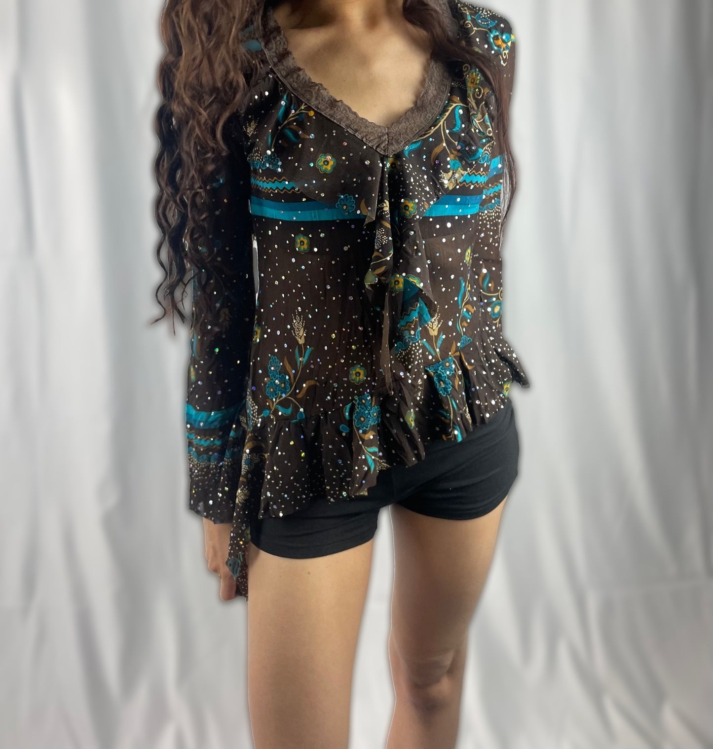 Y2K Mezzo Sparkle Mesh Tie-Front Top - Made in Italy