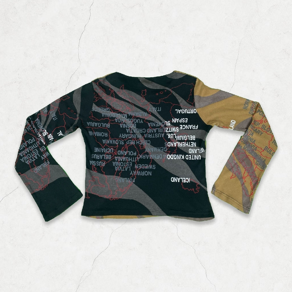 Vintage Custo Barcelona Long Sleeve Map Print Top Y2K