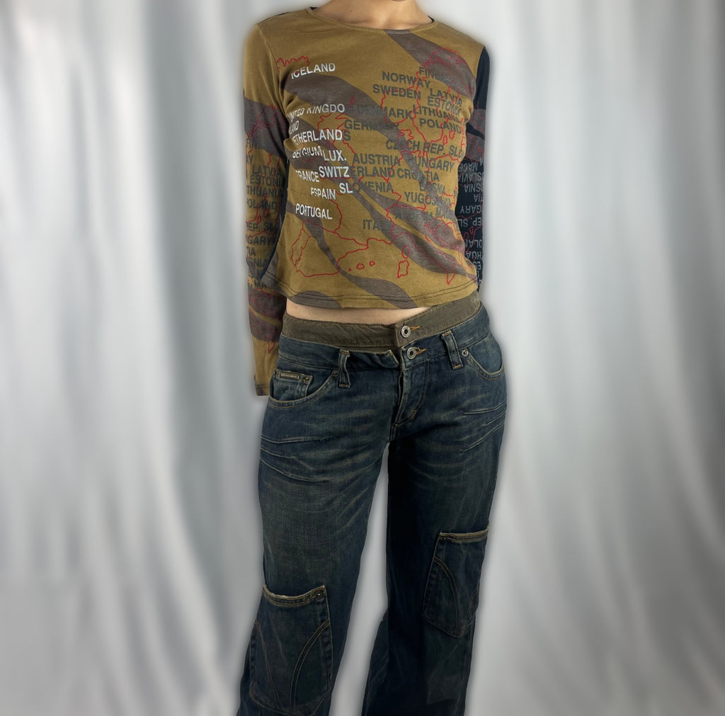 Vintage Custo Barcelona Long Sleeve Map Print Top Y2K