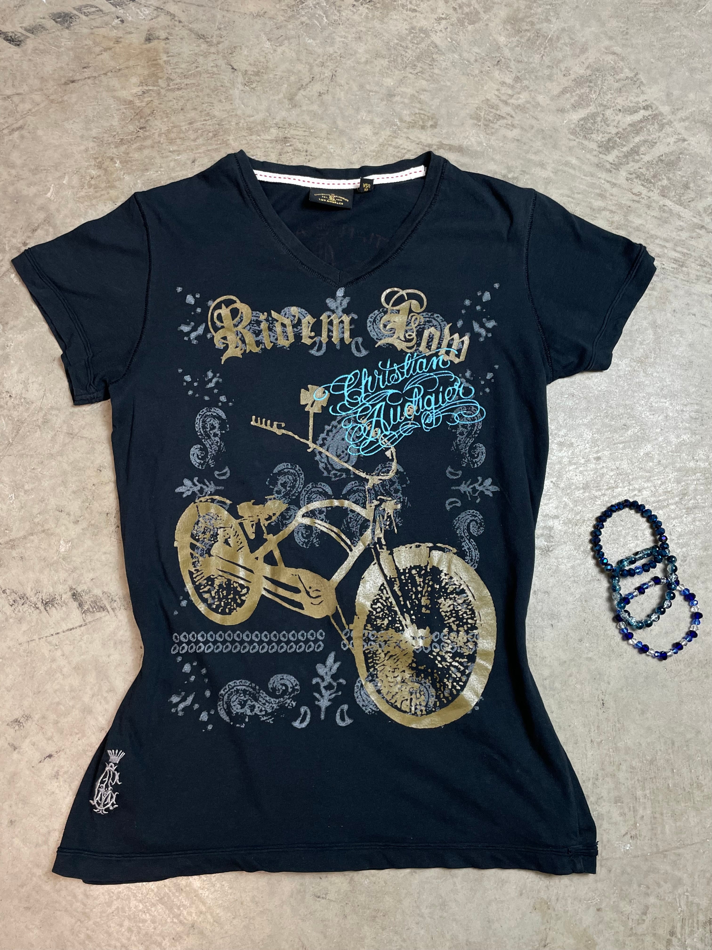 Vintage Y2K Christian Audigier Graphic V-Neck Tee | Best Fit UK 8