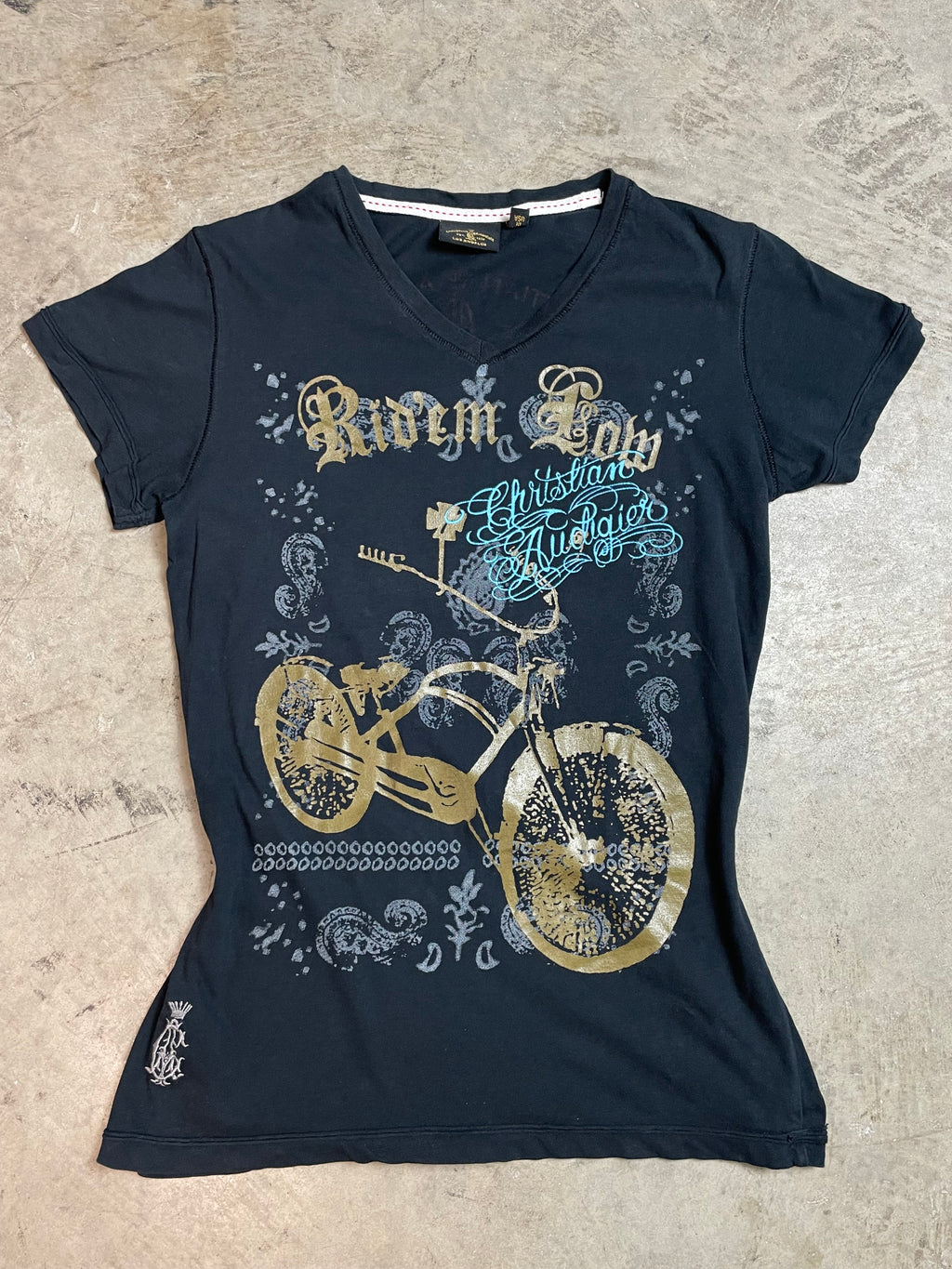 Vintage Y2K Christian Audigier Graphic V-Neck Tee | Best Fit UK 8