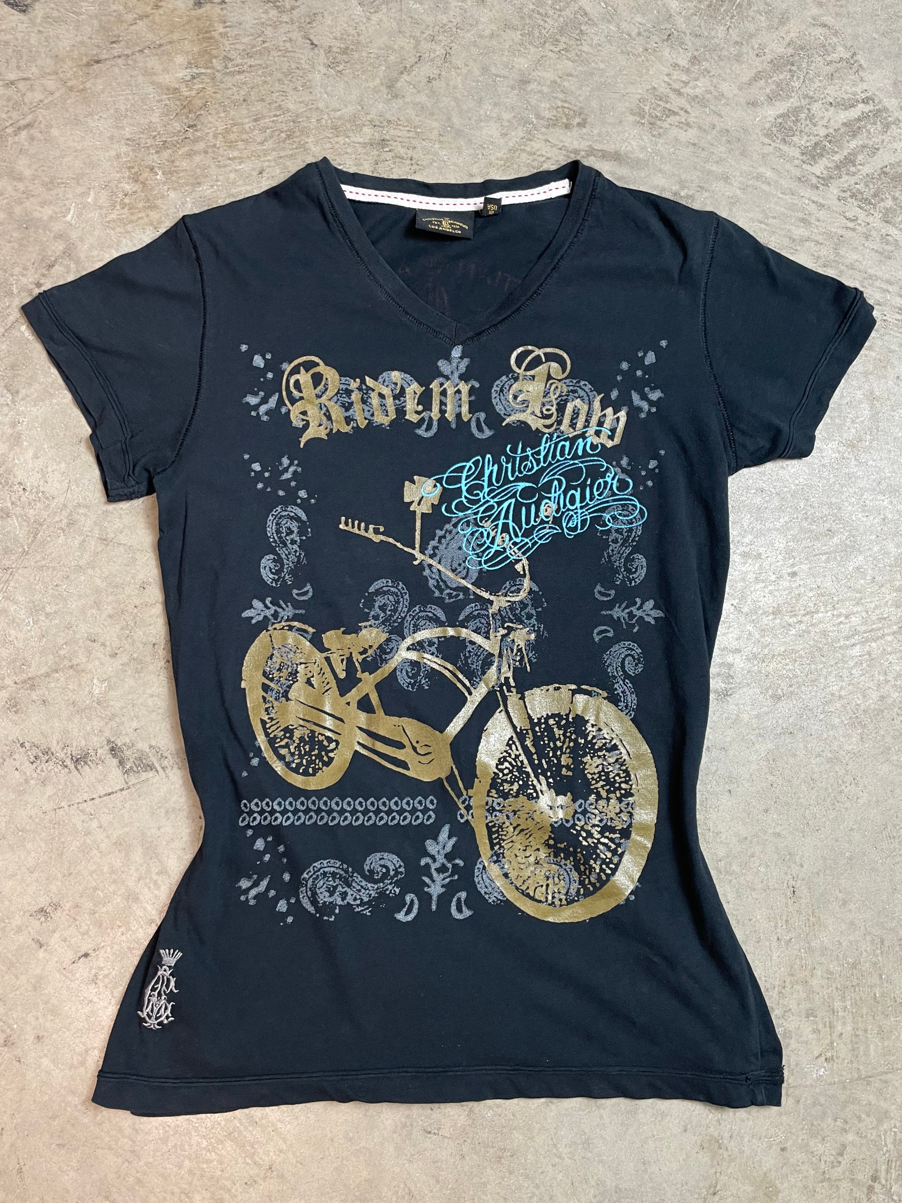 Vintage Y2K Christian Audigier Graphic V-Neck Tee | Best Fit UK 8