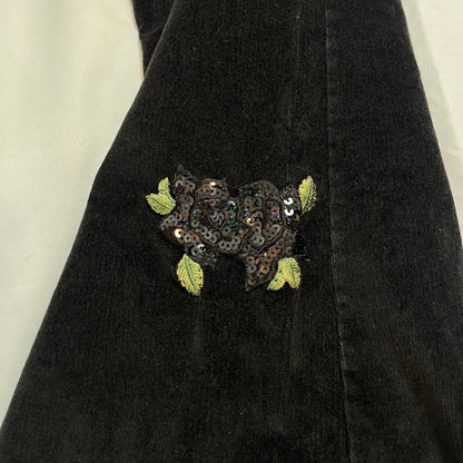 Black Velour Flares with Sequin Rose Patch | W28