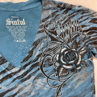 Rare Vintage Sinful by Affliction Rhinestone Cross Tee | Best Fit UK 8