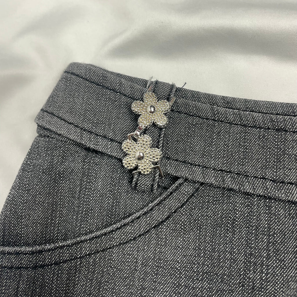 Y2K Little Princess Grey Pleated Mini Skirt with Crystal Charm | UK 6