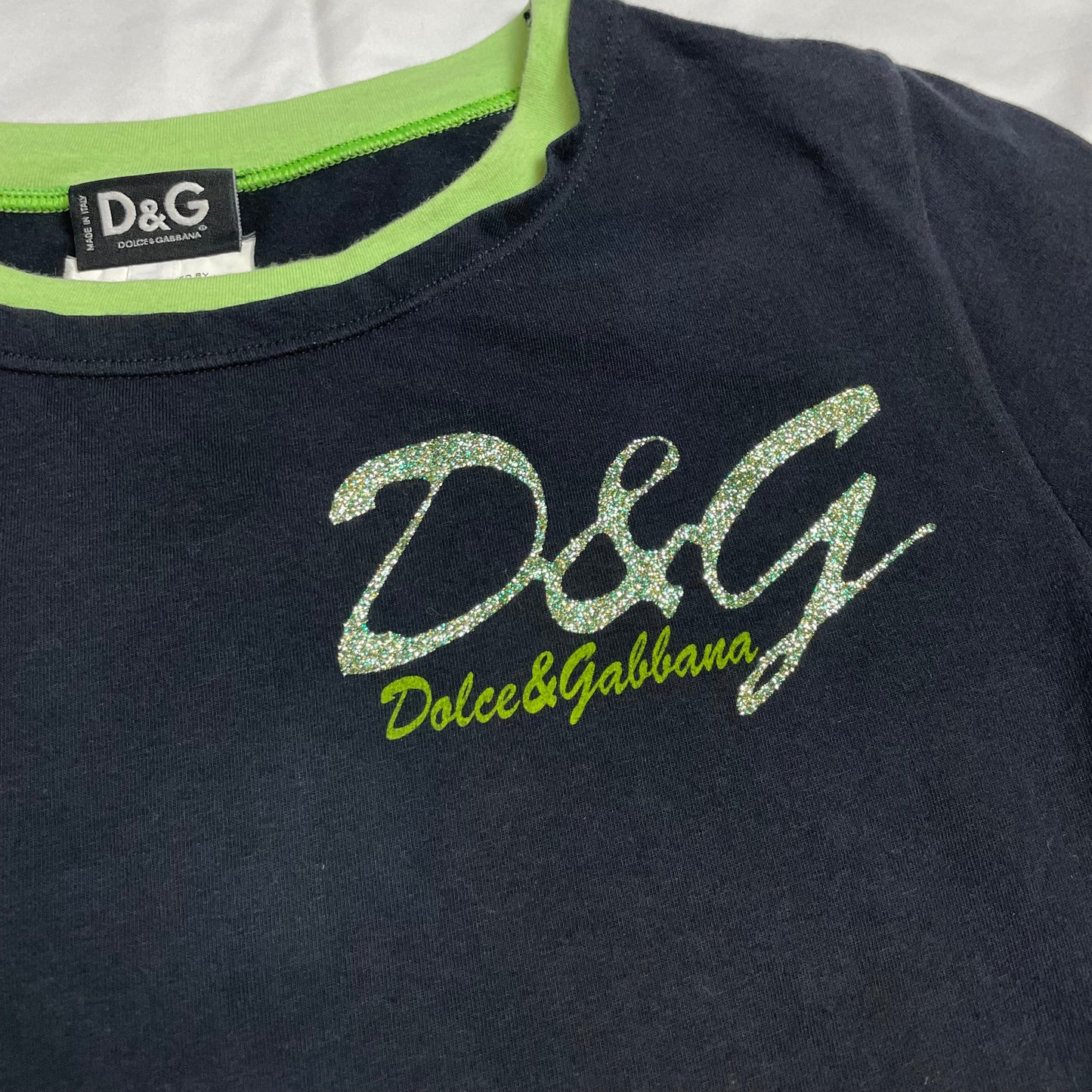 Y2K D&G by Dolce & Gabbana Black & Lime Trim Logo Tee | UK 6–8