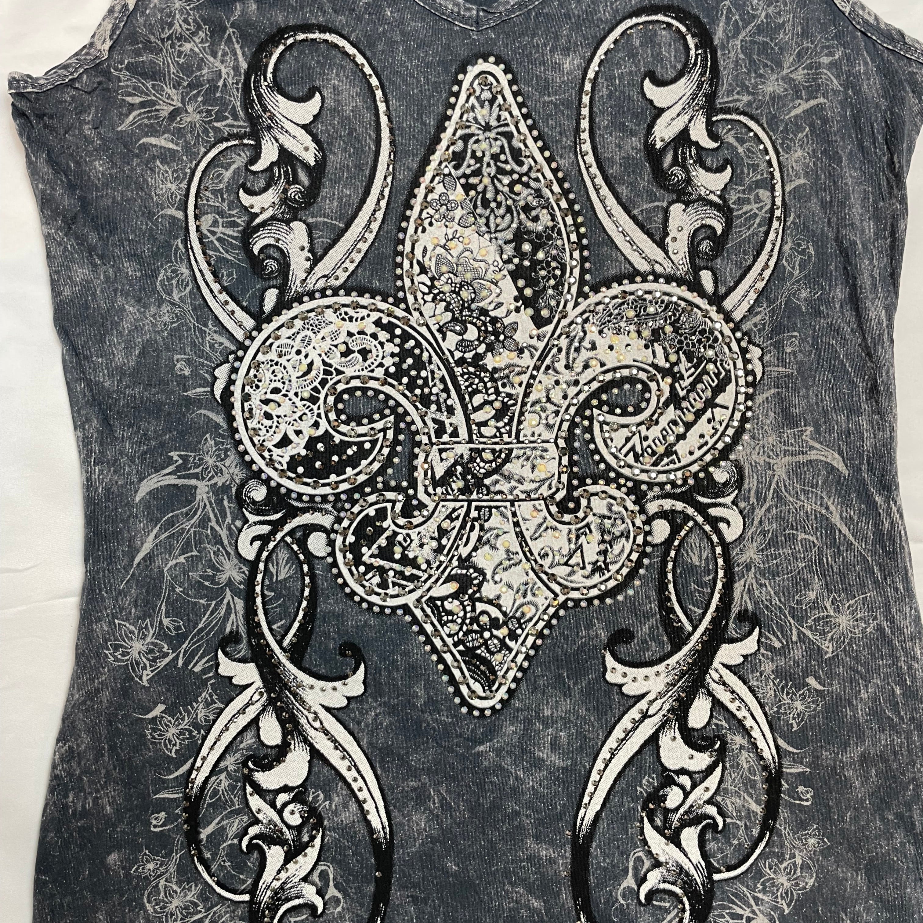 Y2K Vocal USA Rhinestone Fleur-de-Lis Acid Wash Tank | UK 8–10