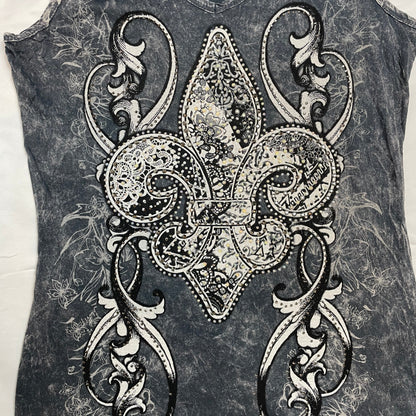 Y2K Vocal USA Rhinestone Fleur-de-Lis Acid Wash Tank | UK 8–10