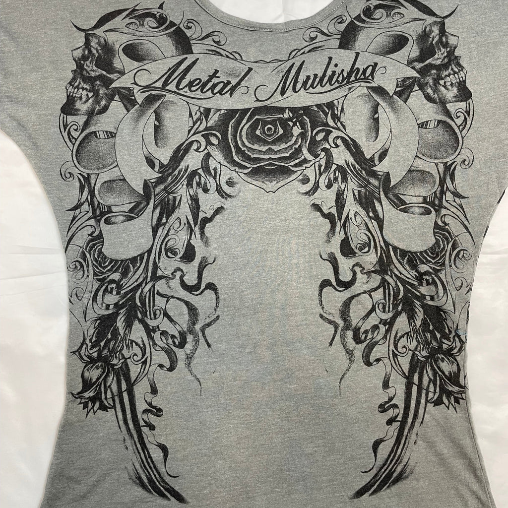 Y2K Metal Mulisha Skull & Rose Batwing Graphic Tee | UK 10-12