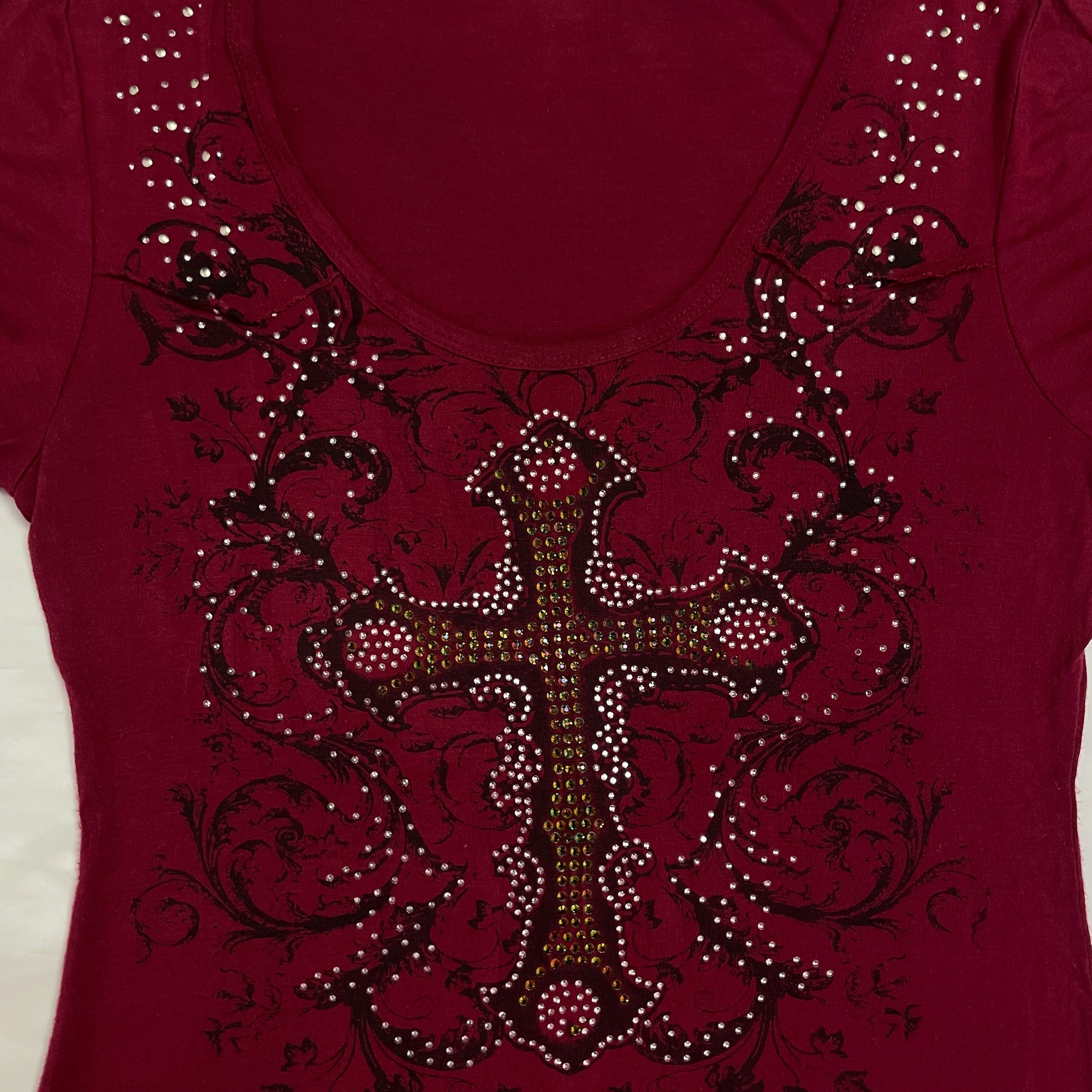 Vintage Y2K Liberty Wear Rhinestone Cross Tee | Best Fit UK 12-14