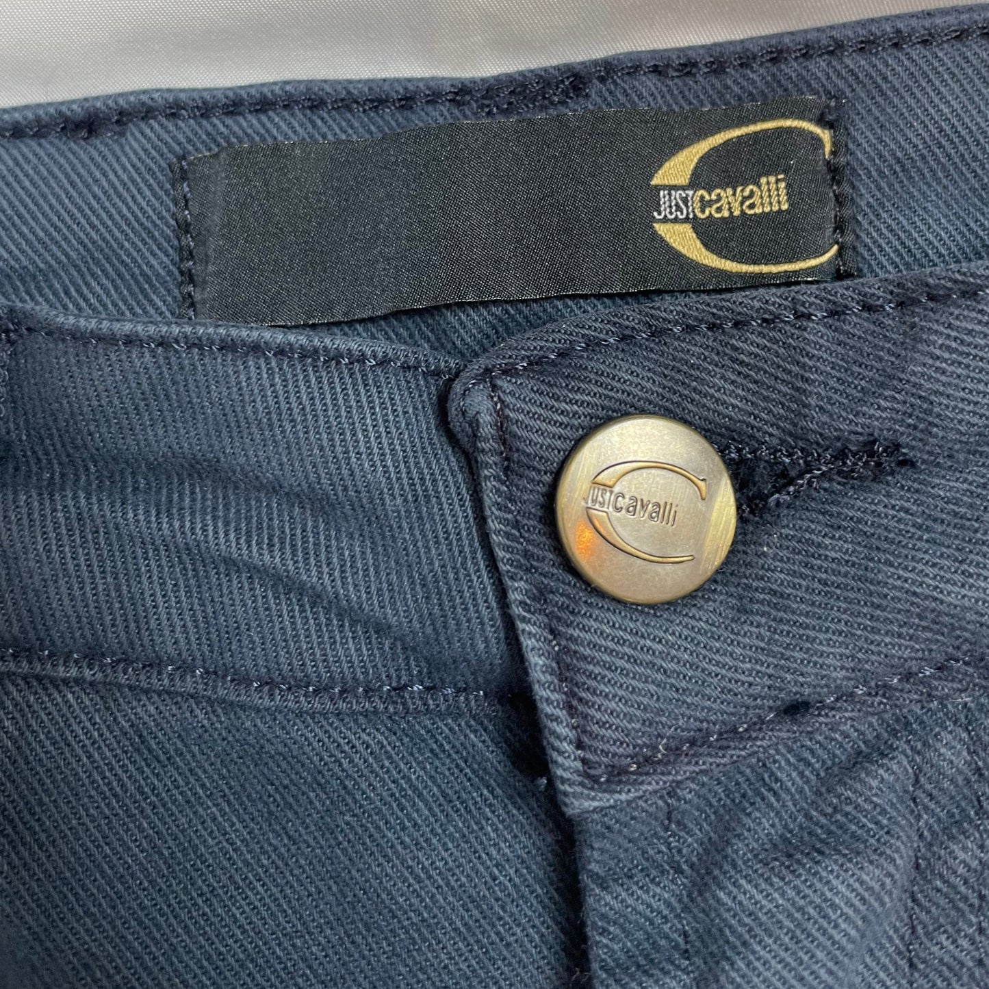 Just Cavalli Navy Rhinestone Logo Trousers (Made in Italy) | W30