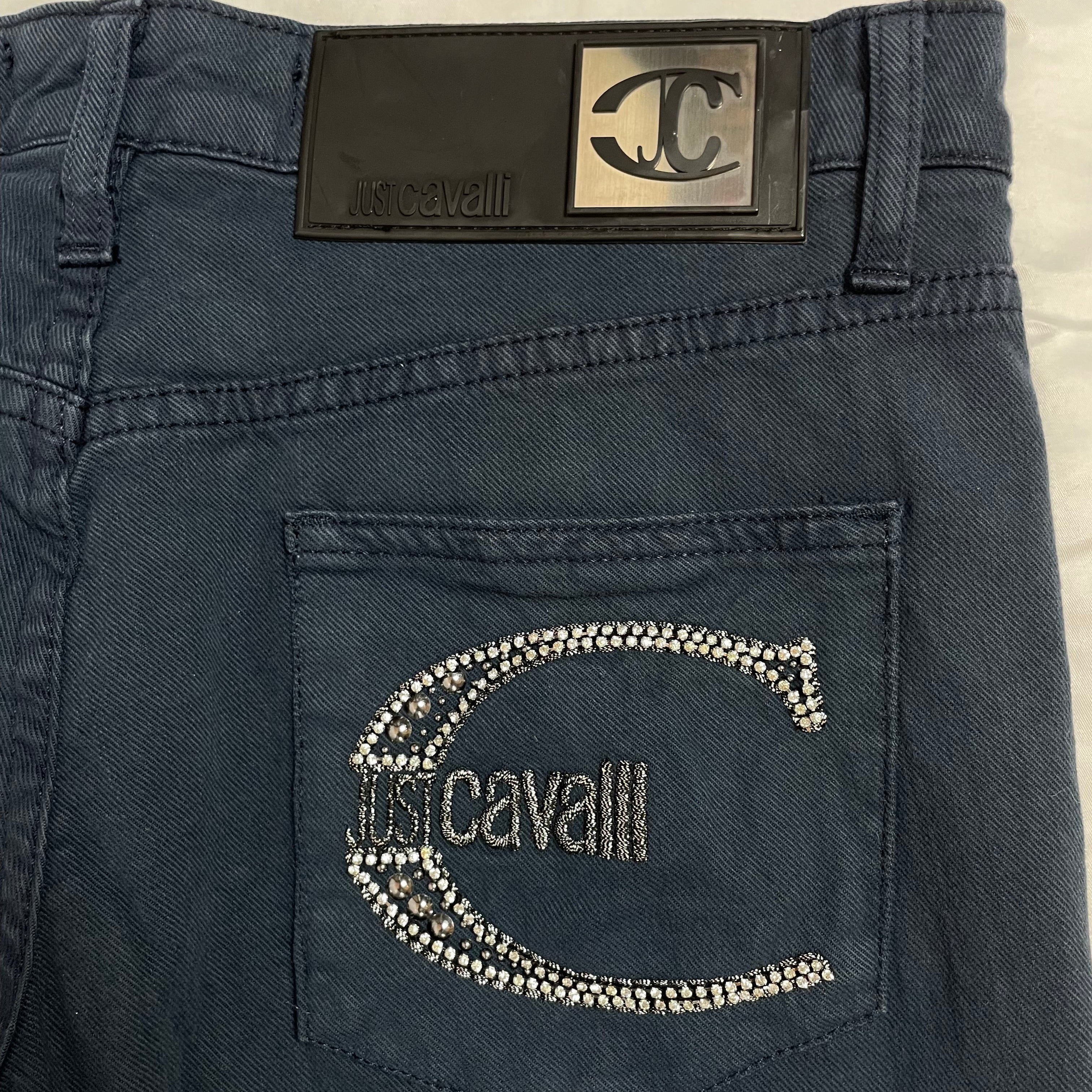 Just Cavalli Navy Rhinestone Logo Trousers (Made in Italy) | W30