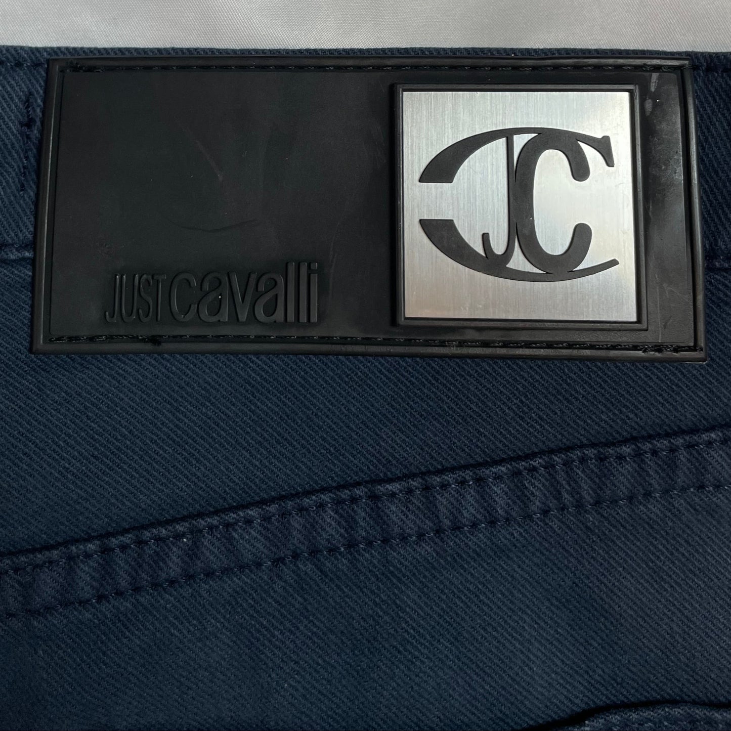 Just Cavalli Navy Rhinestone Logo Trousers (Made in Italy) | W30