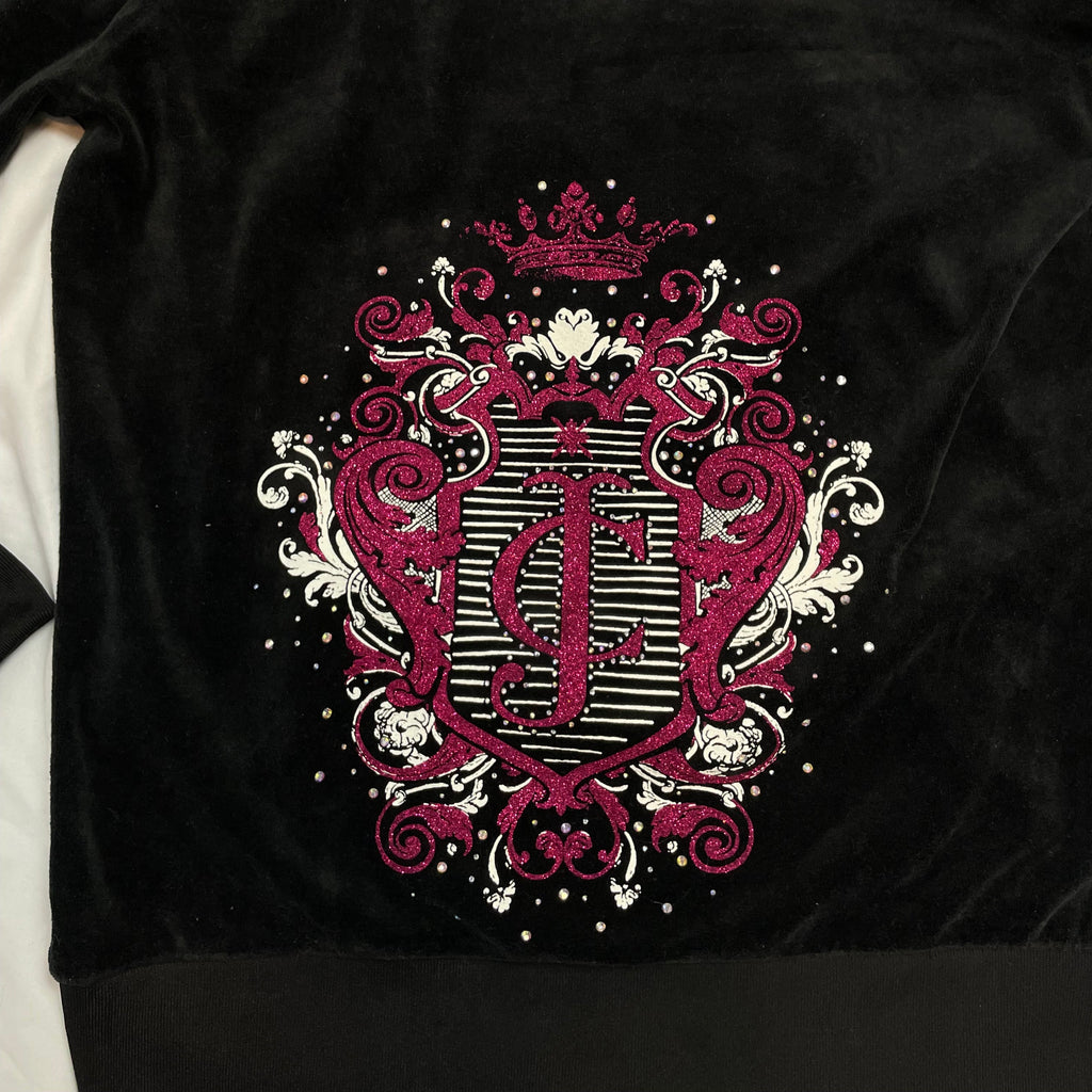 Rare Y2K Juicy Couture Black Velour Gothic Crest Zip Hoodie | Best Fit UK 8-10