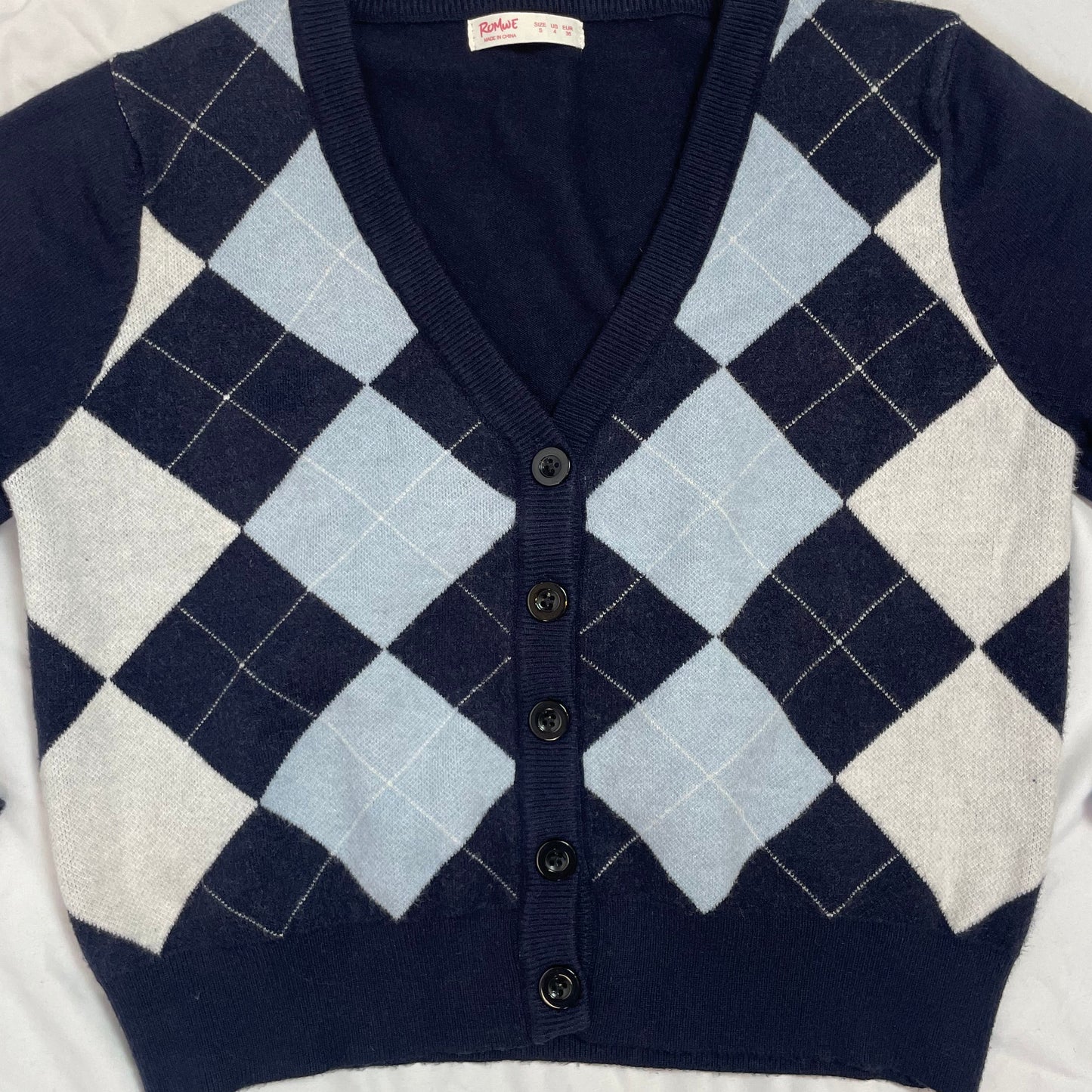 Romwe Navy Blue Argyle Cropped Cardigan | Best Fit UK 8