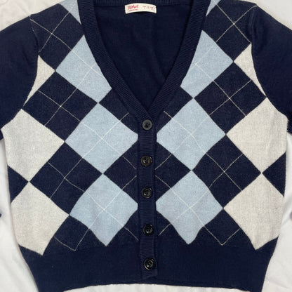 Romwe Navy Blue Argyle Cropped Cardigan | Best Fit UK 8