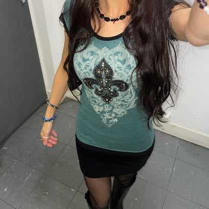 Authentic Miss Me Lace Trim Rhinestone Fleur-de-Lis Tee | Best Fit UK 8