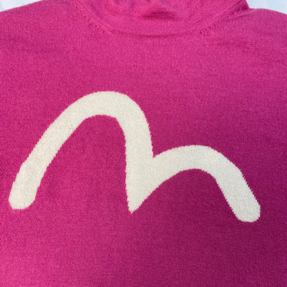 Rare Authentic Vintage Evisu Japan Pink Knit Turtleneck with Cream Logo | Best Fit UK 8