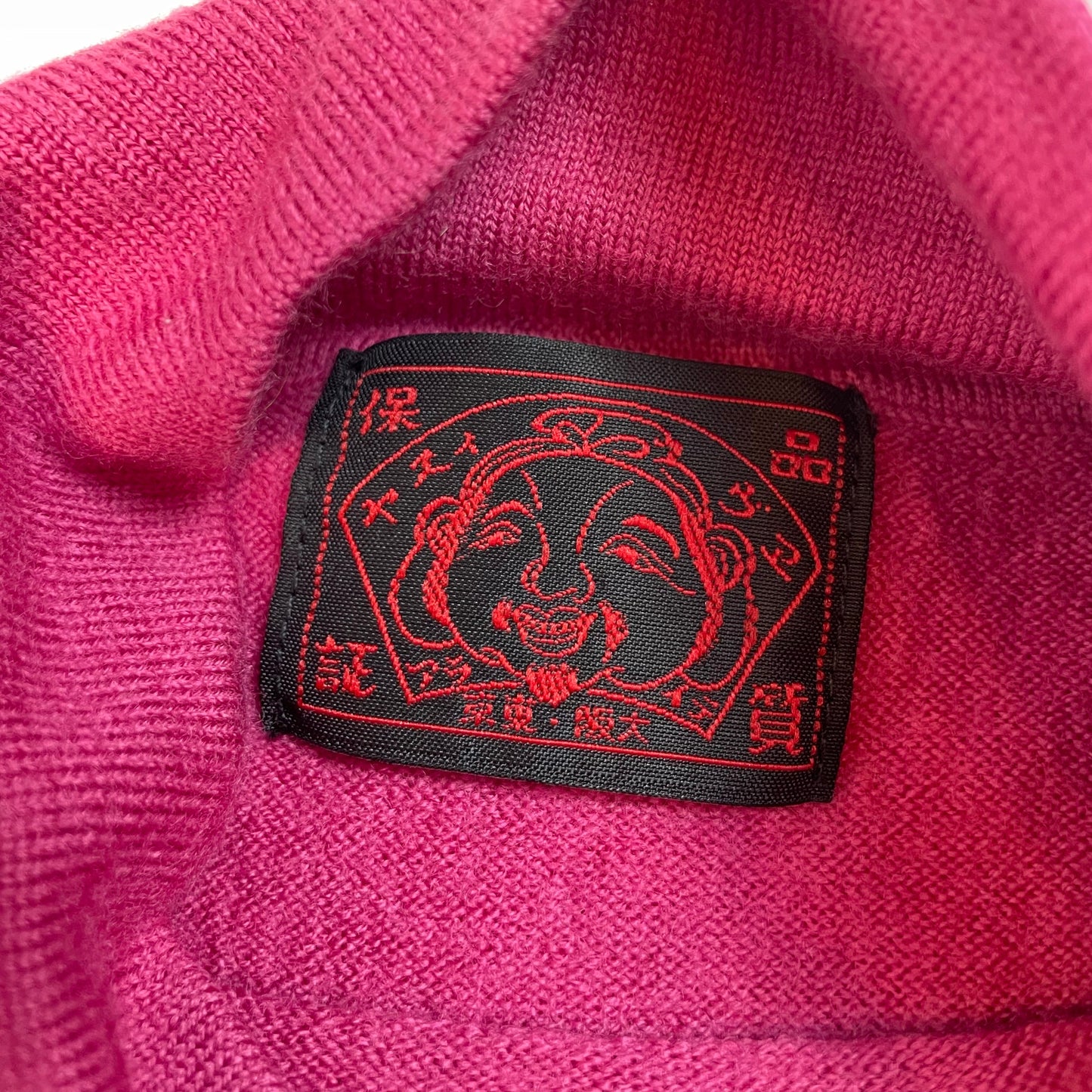 Rare Authentic Vintage Evisu Japan Pink Knit Turtleneck with Cream Logo | Best Fit UK 8