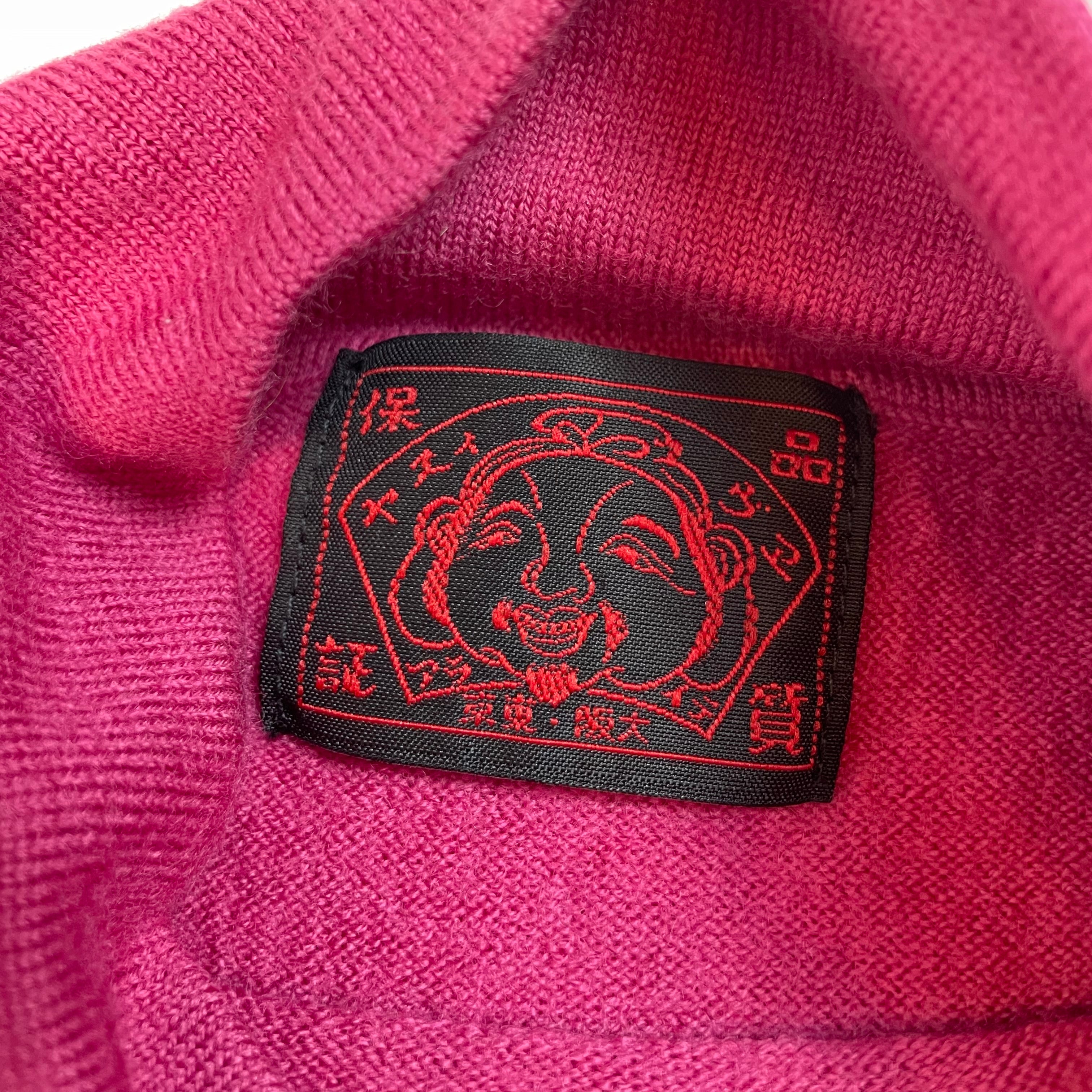 Rare Authentic Vintage Evisu Japan Pink Knit Turtleneck with Cream Logo | Best Fit UK 8