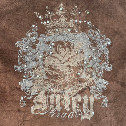 Authentic Y2K Juicy Couture USA Brown Velour Rhinestone Hoodie | Best Fit UK 10-12