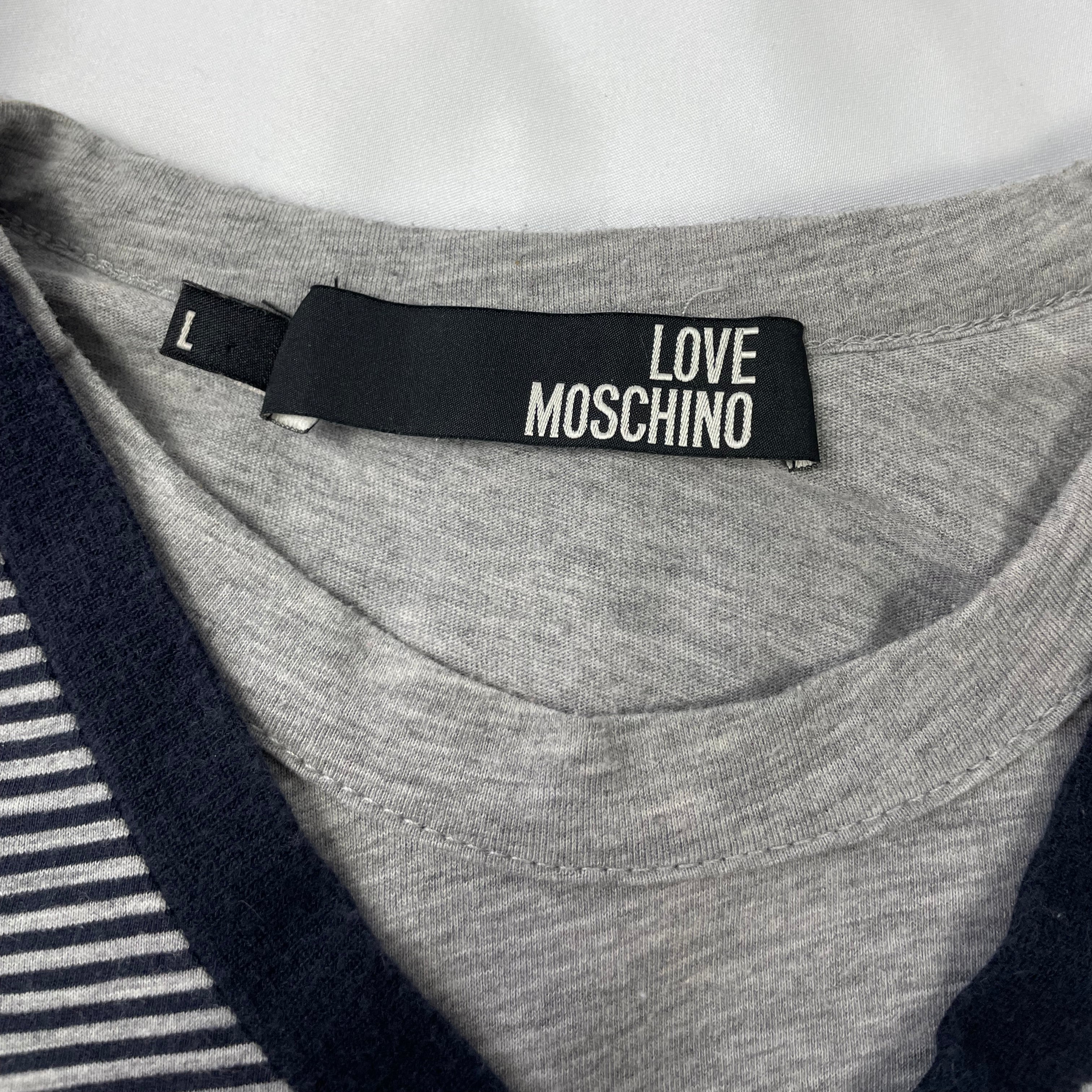 Love Moschino Unisex Layered Stripe Long Sleeve Tee – Grey & Navy