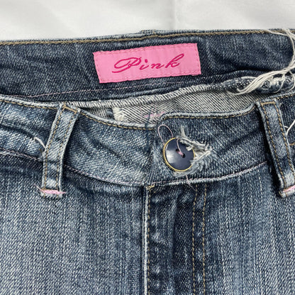 Y2K Pink Jeans Distressed Denim Skirt with Purple Ribbon Detail - UK 10