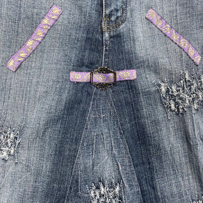 Y2K Pink Jeans Distressed Denim Skirt with Purple Ribbon Detail - UK 10