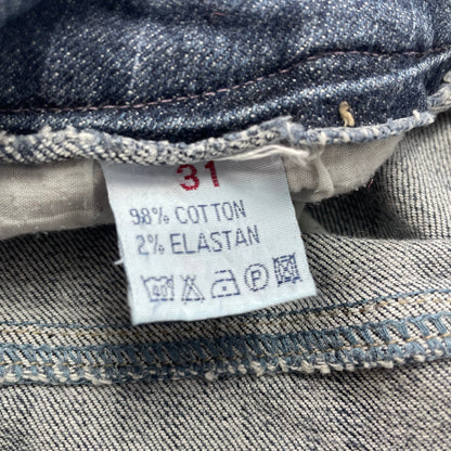 Y2K Pink Jeans Distressed Denim Skirt with Purple Ribbon Detail - UK 10