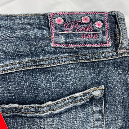 Y2K Pink Jeans Distressed Denim Skirt with Purple Ribbon Detail - UK 10