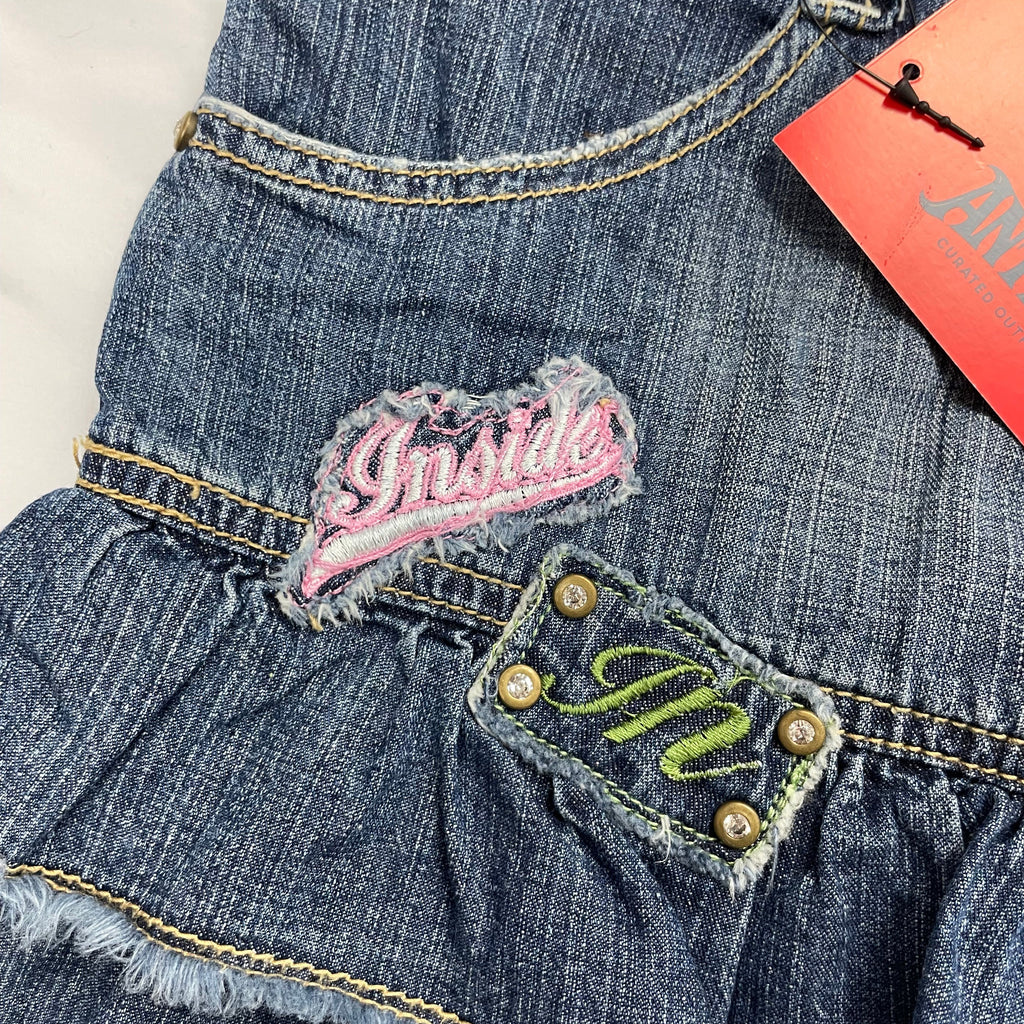 Inside Y2K Ruffle Denim Mini Skirt - Tiered Hem & Logo Patches - W32" (UK 10–12)