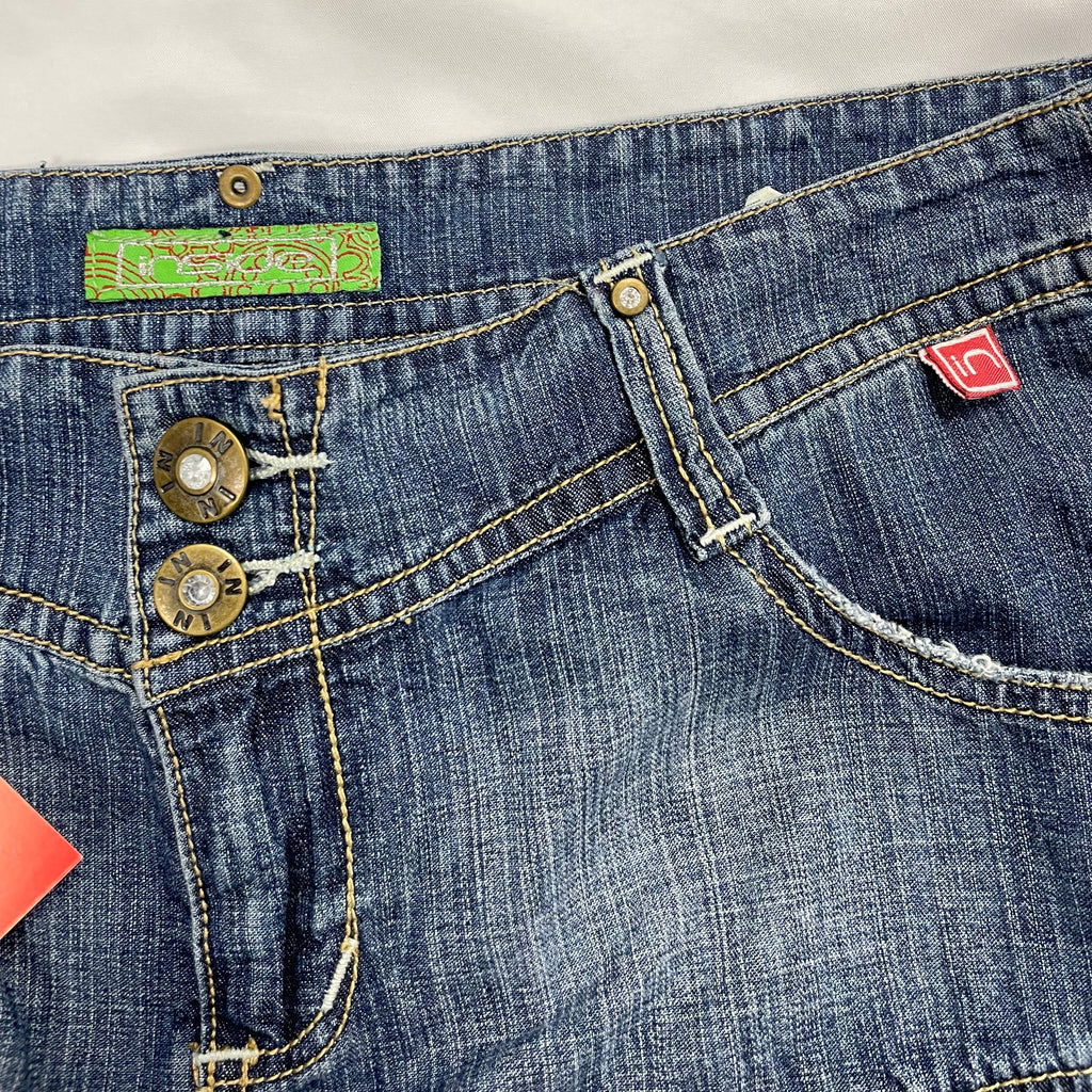 Inside Y2K Ruffle Denim Mini Skirt - Tiered Hem & Logo Patches - W32" (UK 10–12)