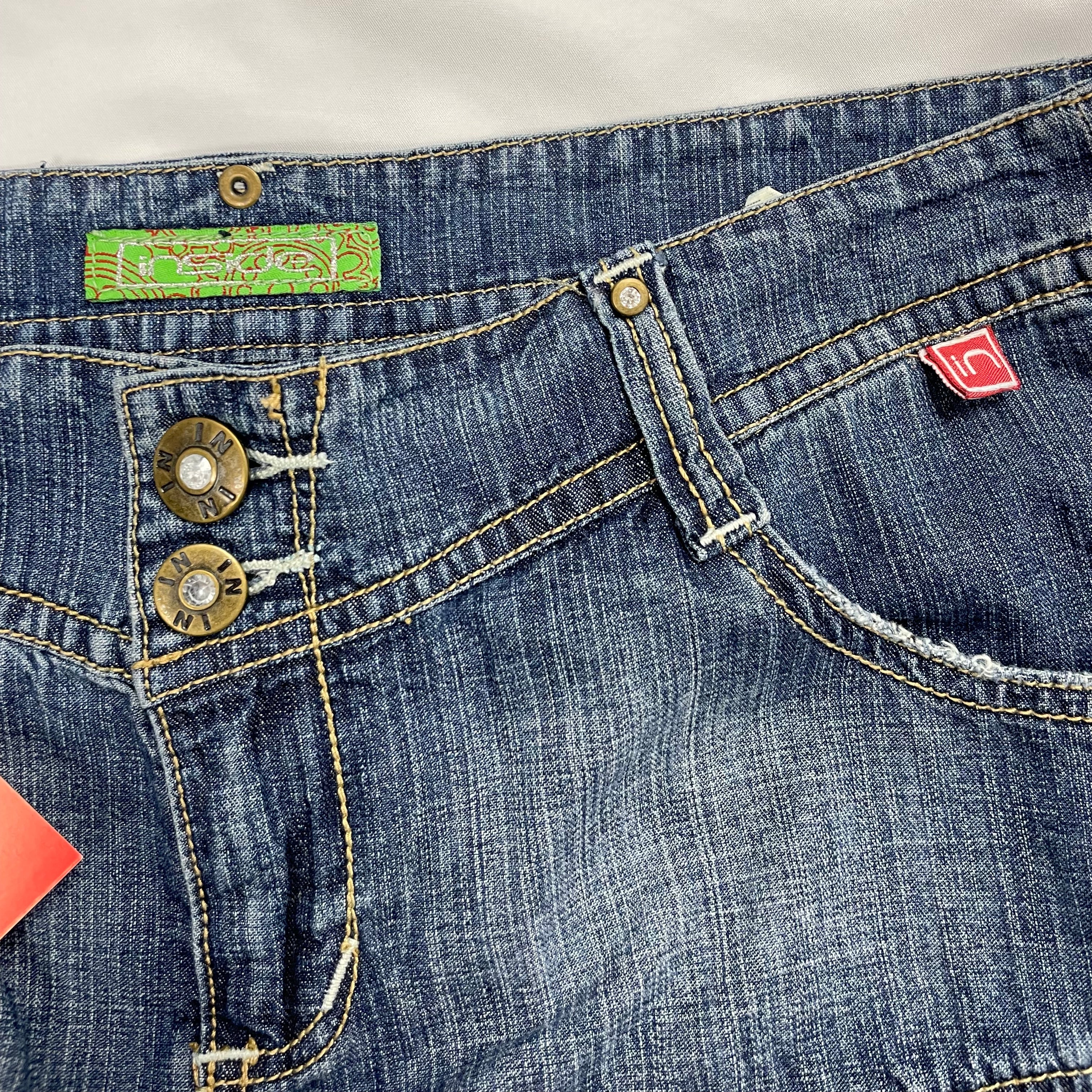 Inside Y2K Ruffle Denim Mini Skirt - Tiered Hem & Logo Patches - W32" (UK 10–12)