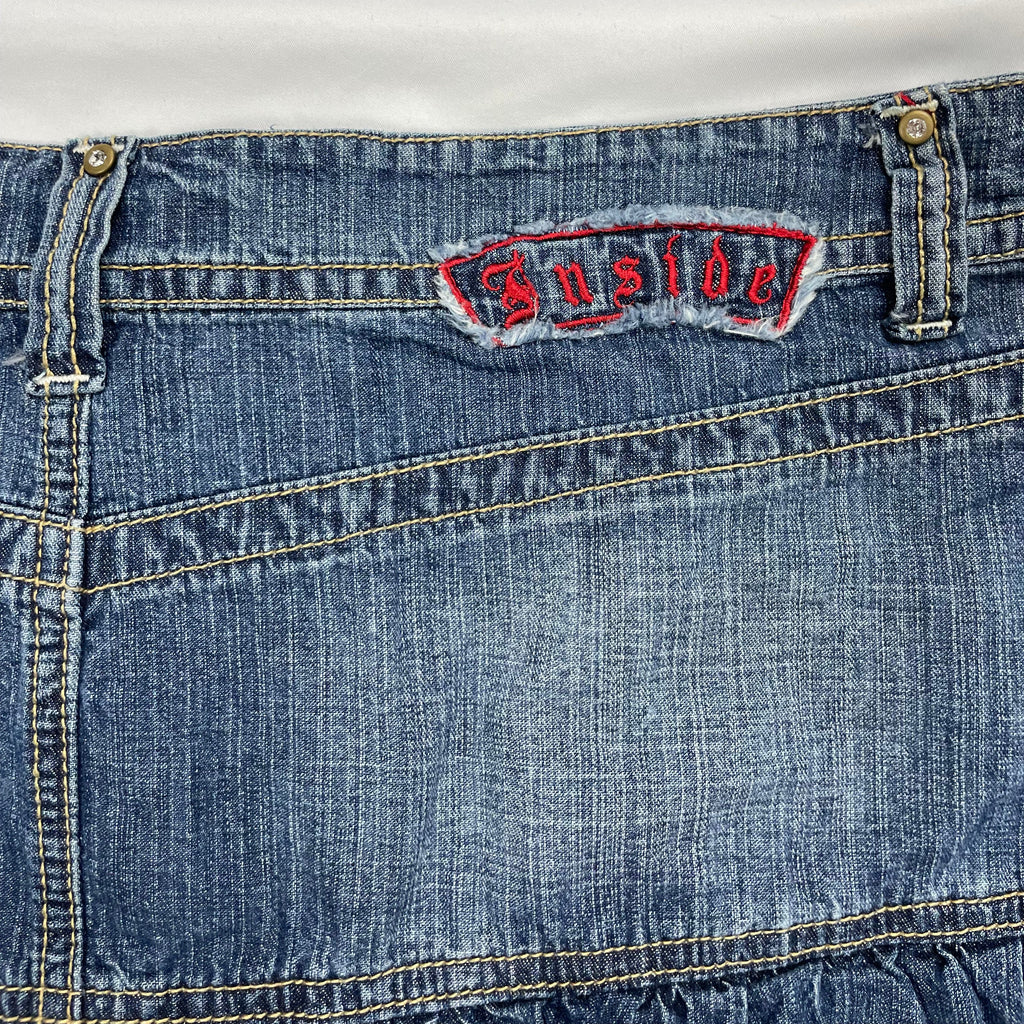 Inside Y2K Ruffle Denim Mini Skirt - Tiered Hem & Logo Patches - W32" (UK 10–12)